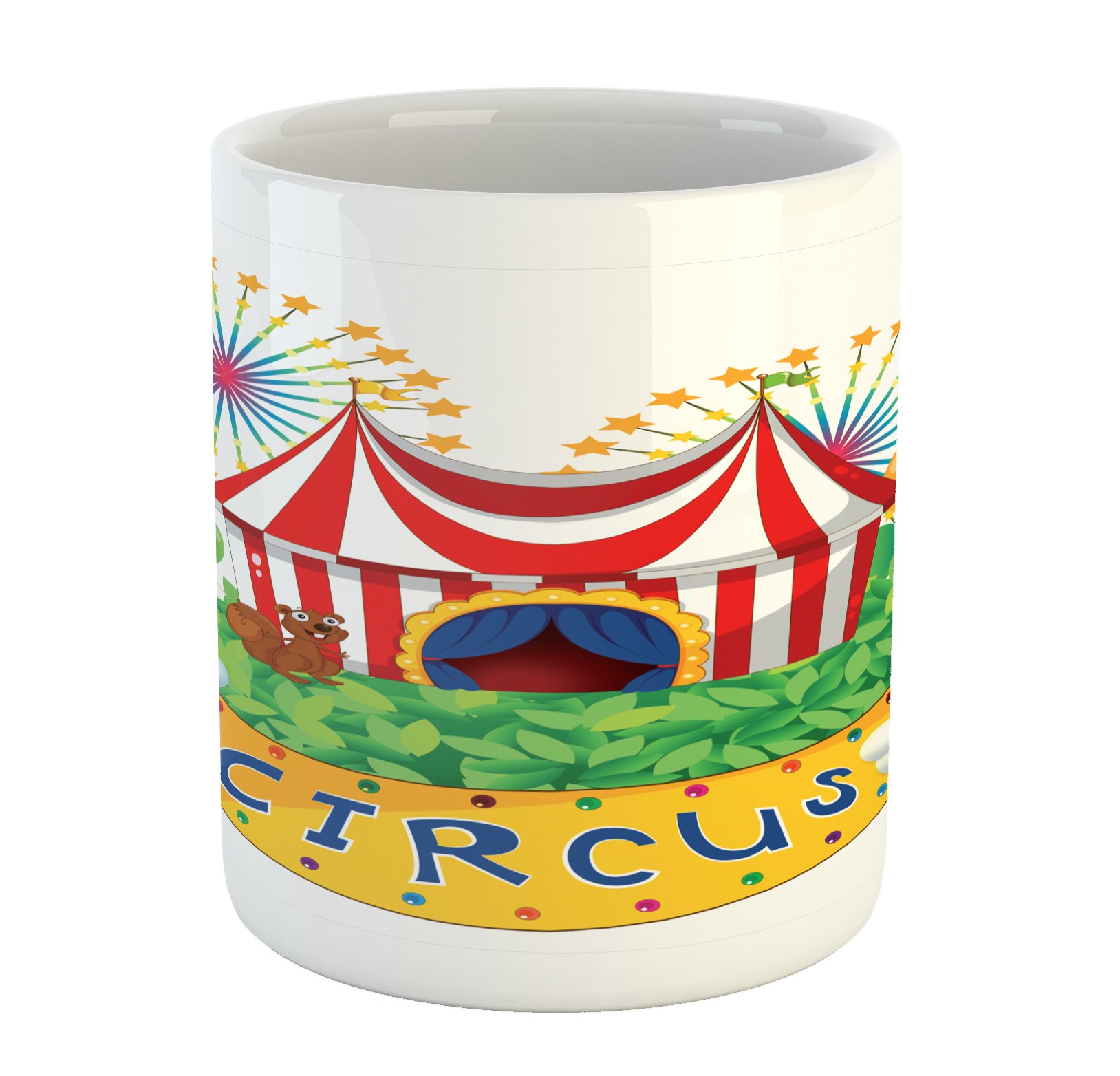 Lunarable Circus Themed Ceramic Mug - Colorful Carnival, Circus Signboard, Leaves, Plants, Fireworks & Monkey Animal Print Coffee Cup for Tea & Drinks | Perfect for Home, Office, Gifts & Circus Enthusiasts