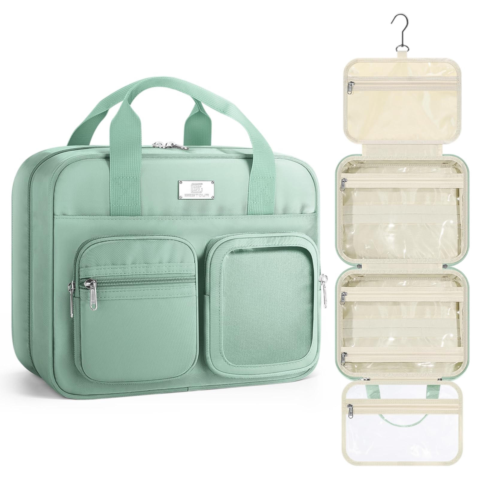 Waterproof Hanging Travel Toiletry Bag for Women - Large Cosmetic Organizer with Elastic Band Holders, Perfect for Travel Size Toiletries | Ideal for Vacation, Business Trips & Gym Use - Mint Green