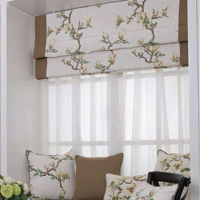 Napa Roman Blinds - White Floral Print with Brown Trim | Elegant Window Treatment for Living Room & Bedroom