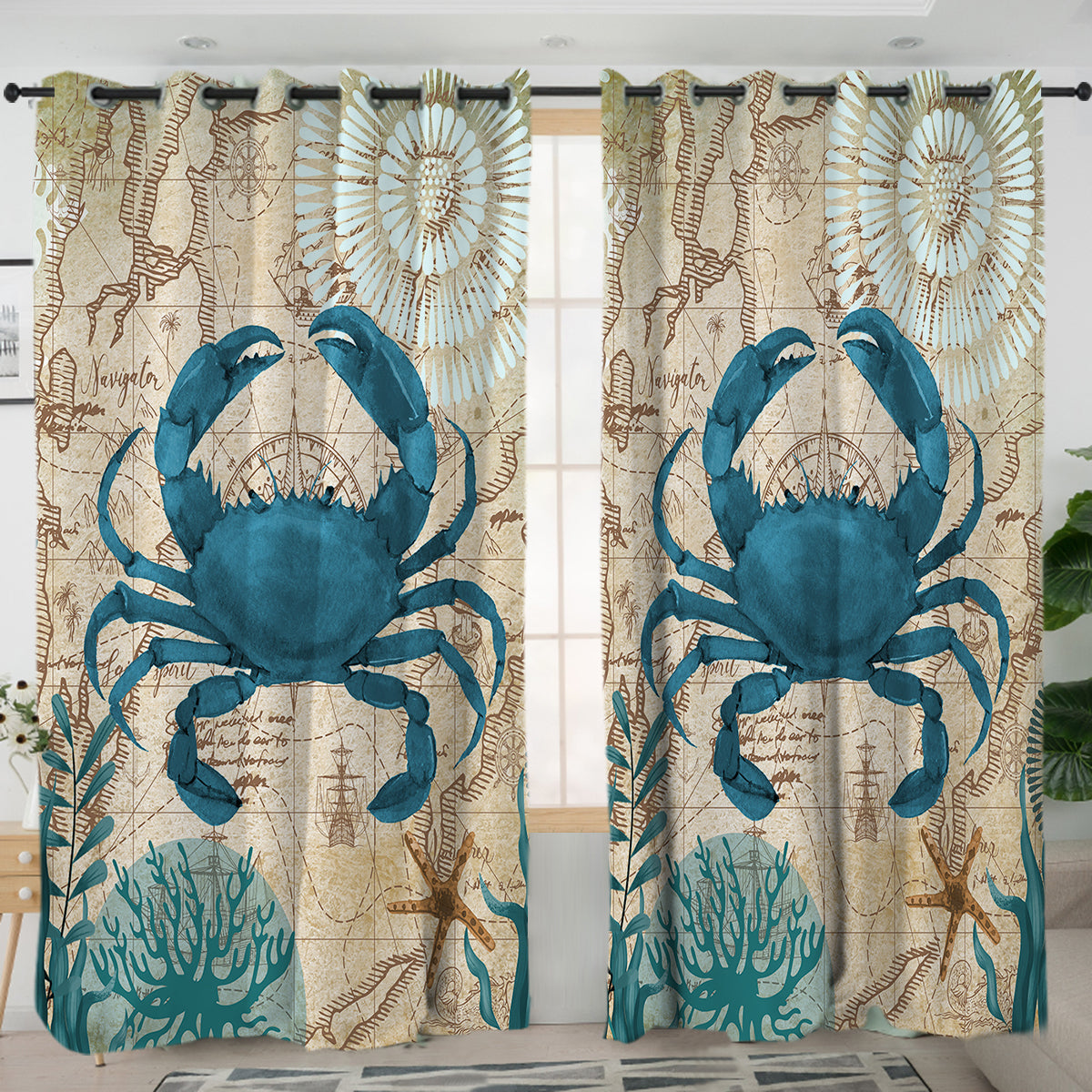 Crab Love Printed Window Curtains for Living Room & Bedroom - Coastal Beach Themed Home Decor