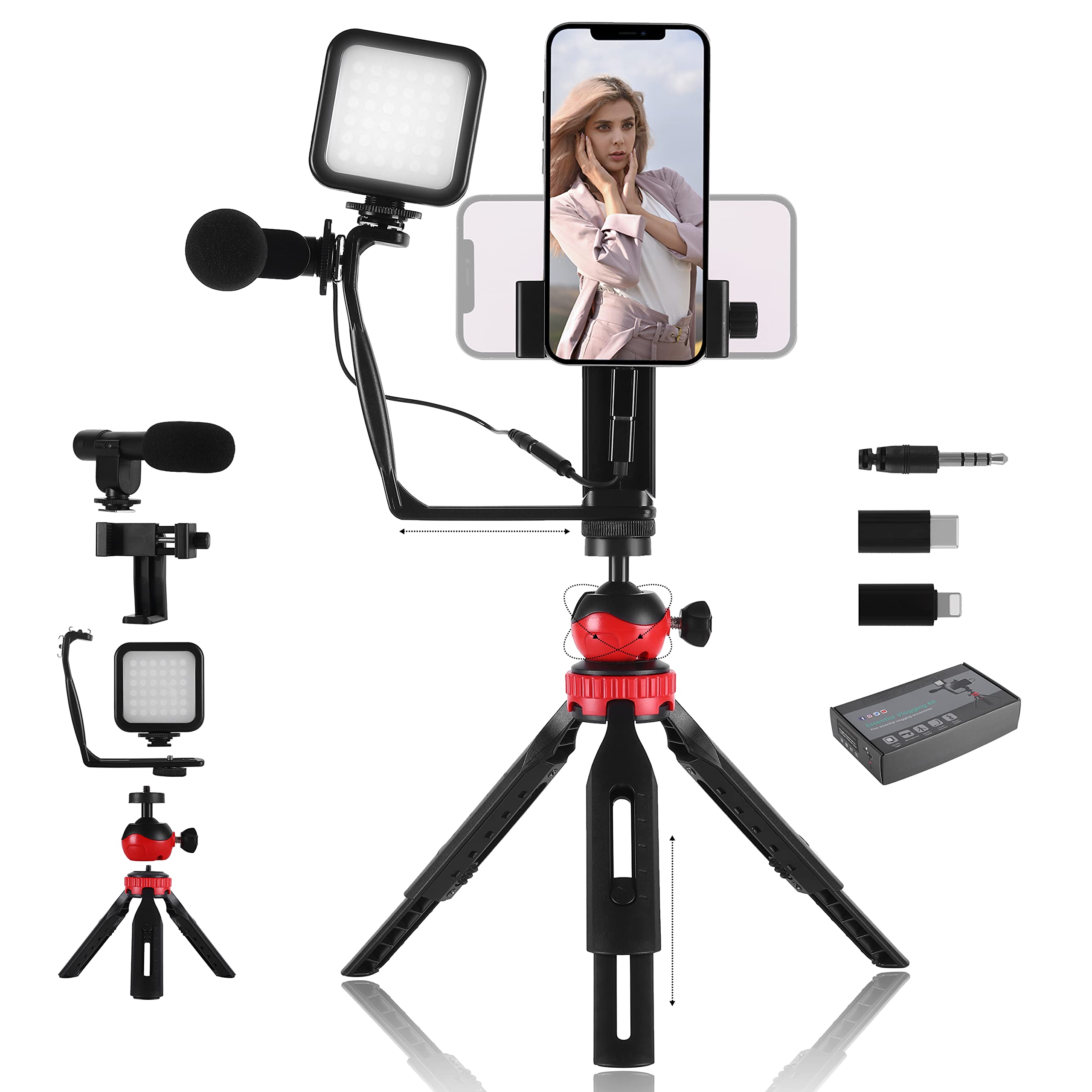 Best Vlogging Kit for iPhone & Android - YouTube Starter Kit with Tripod, Phone Mount, LED Light & Microphone - Perfect for Travel Vlogging, Live Streaming & Content Creation