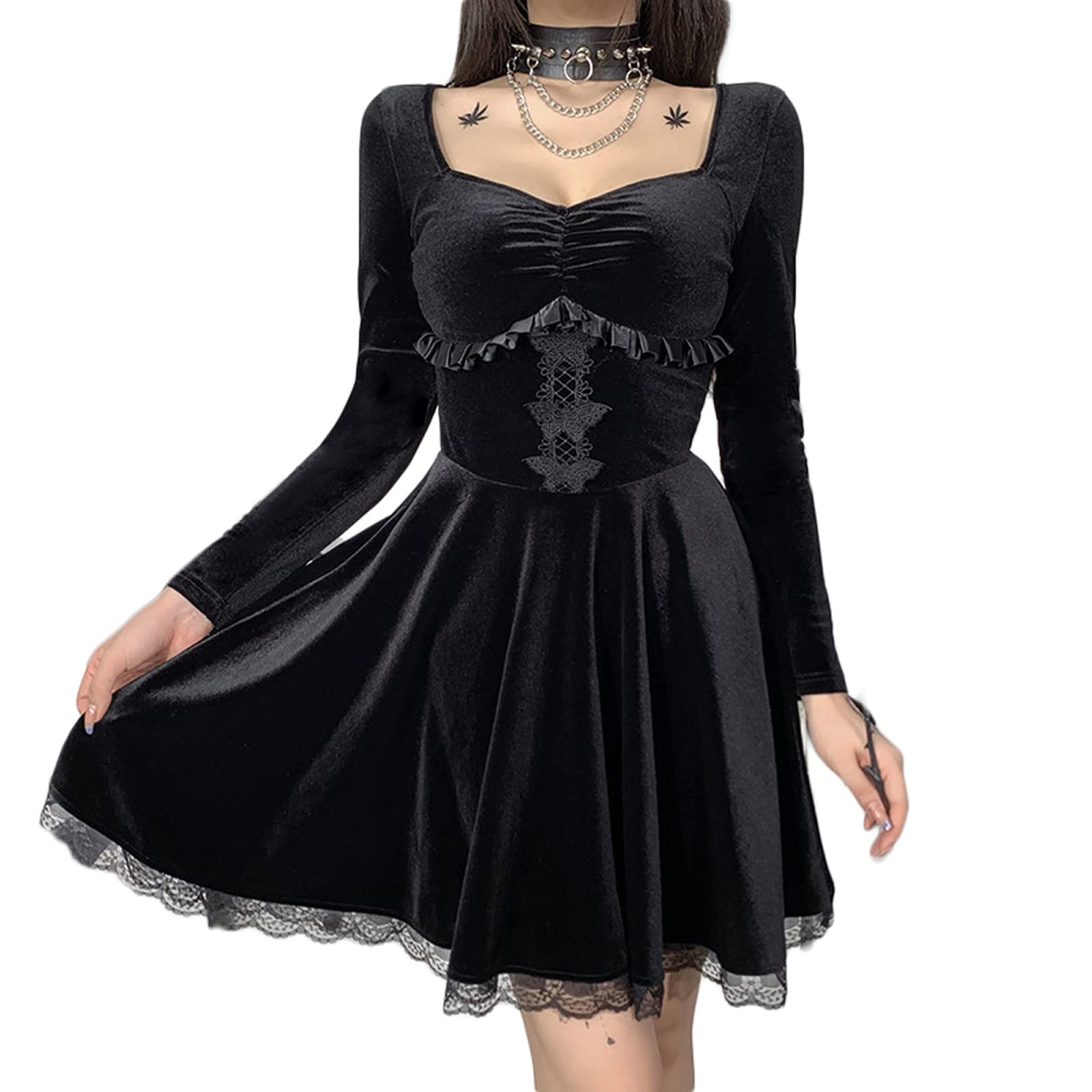 Gothic Black Lace Trim A-Line Mini Dress for Women - Retro Punk Lolita Style Long Sleeve Y2K Fashion - Perfect for Halloween Party, Casual Wear, and Gothic Outfits