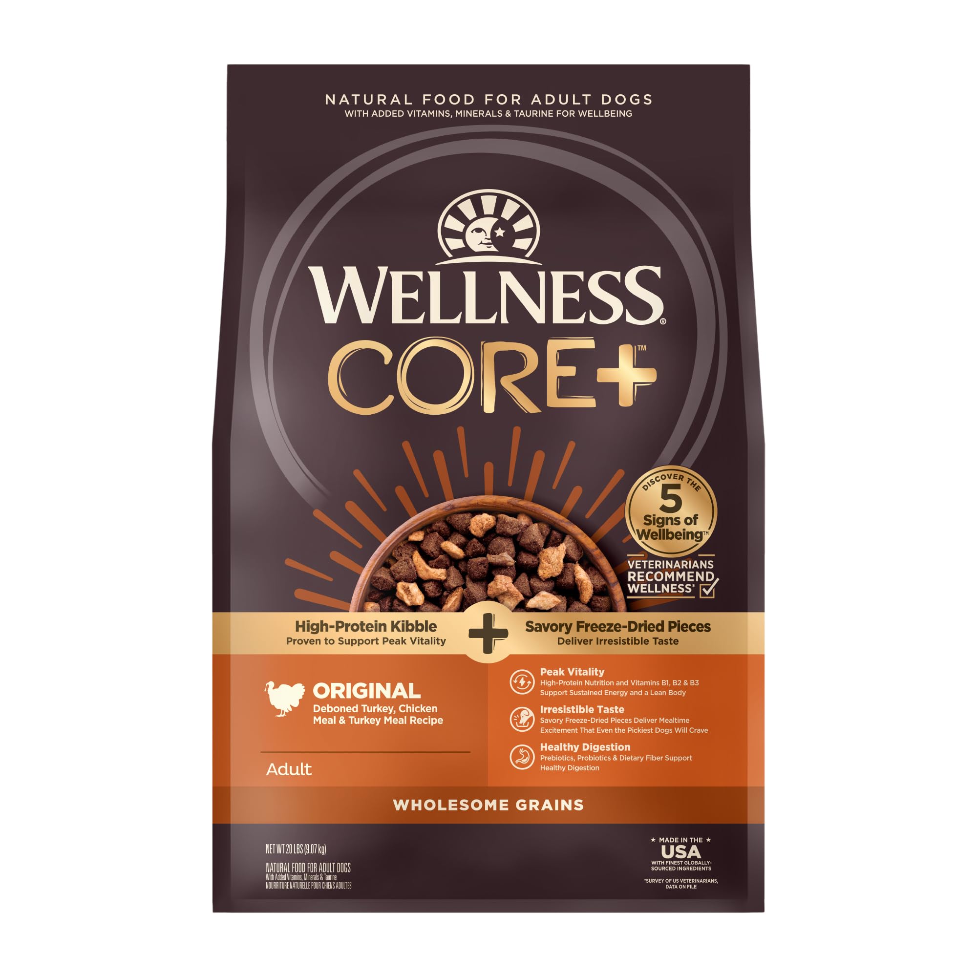 Wellness CORE+ Grain Free Dry Dog Food with Freeze Dried Turkey - High Protein Turkey & Chicken Recipe for Adult Dogs - 20lb Bag - Perfect for Active Dogs & Weight Management