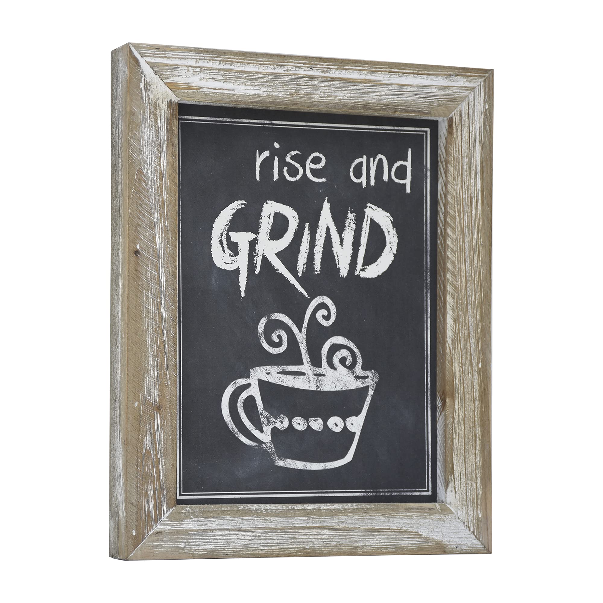 TwinLakes Wooden Framed Wall Art Sign - Rise and Grind Motivational Quote with Coffee Cup Design - Funny Kitchen & Office Decor - Black & Whitewashed Finish - Perfect for Home, Cafe, or Workplace Inspiration