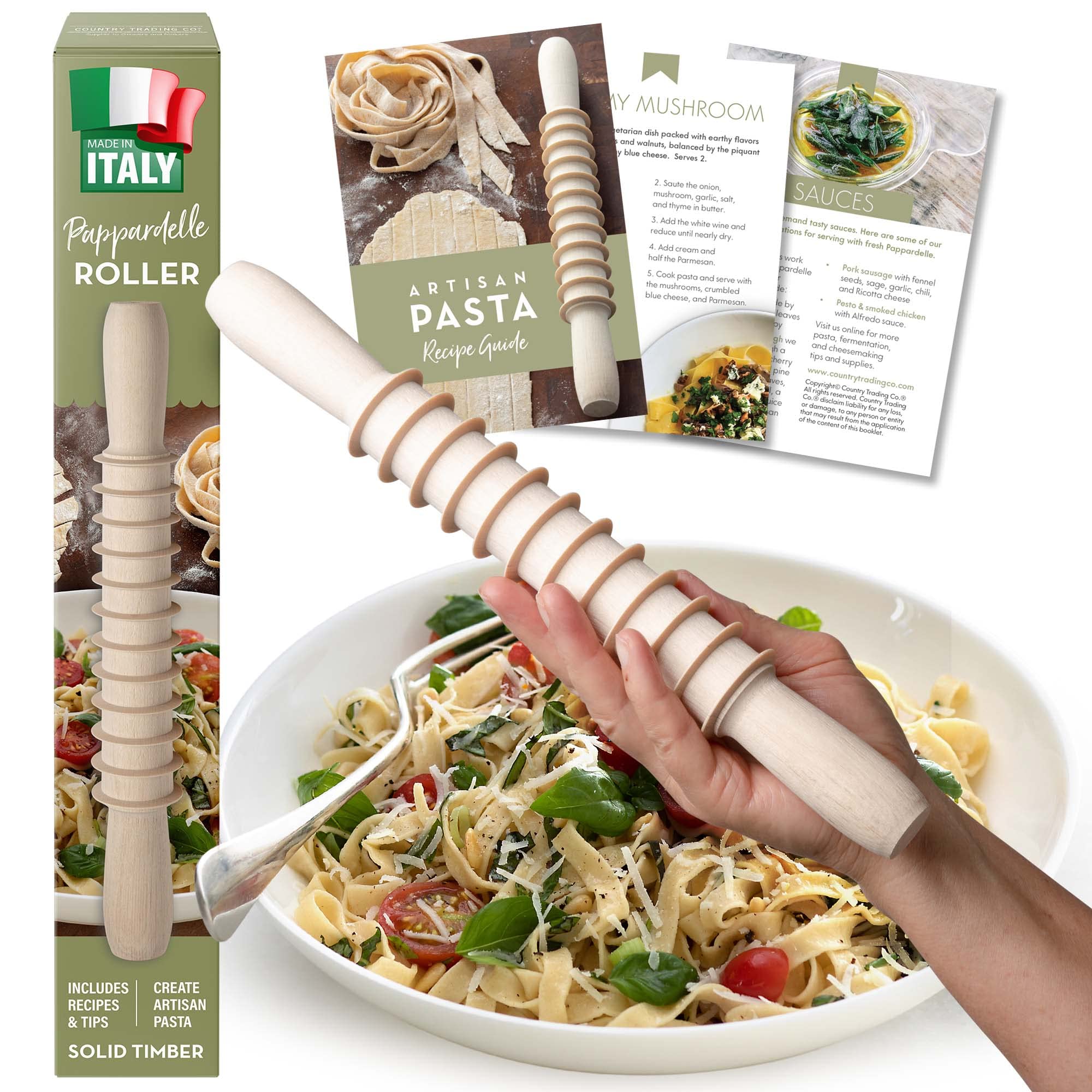 Authentic Italian Wooden Pasta Cutter - Handmade Pappardelle Pasta Maker & Rolling Pin Set with Free Recipe Book | Perfect for Homemade Italian Cuisine & Gift Giving