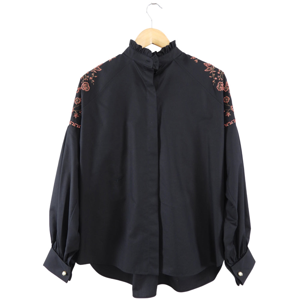 Christian Dior Black Cotton Coral Bead Embroidery Boho Shirt for Women - S/M Size - Perfect for Casual Wear, Beach Outings & Summer Fashion
