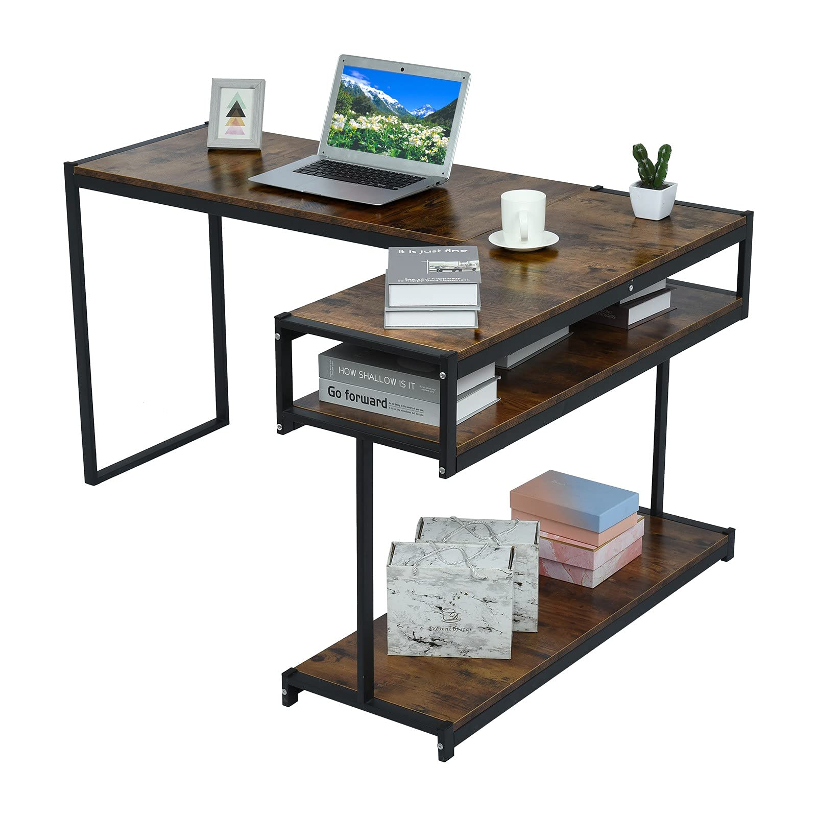 L-Shaped Computer Desk with Storage Shelf - Sturdy Steel & MDF Home Office Desk, Corner Workstation for Study & Writing | Perfect for Small Spaces & Home Office Setup