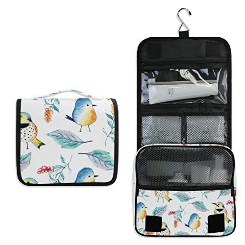 Waterproof Hanging Travel Toiletry Bag for Women - Floral Bird Watercolor Cosmetic Makeup Organizer Pouch | Perfect for Vacation, Gym, Camping & Daily Use