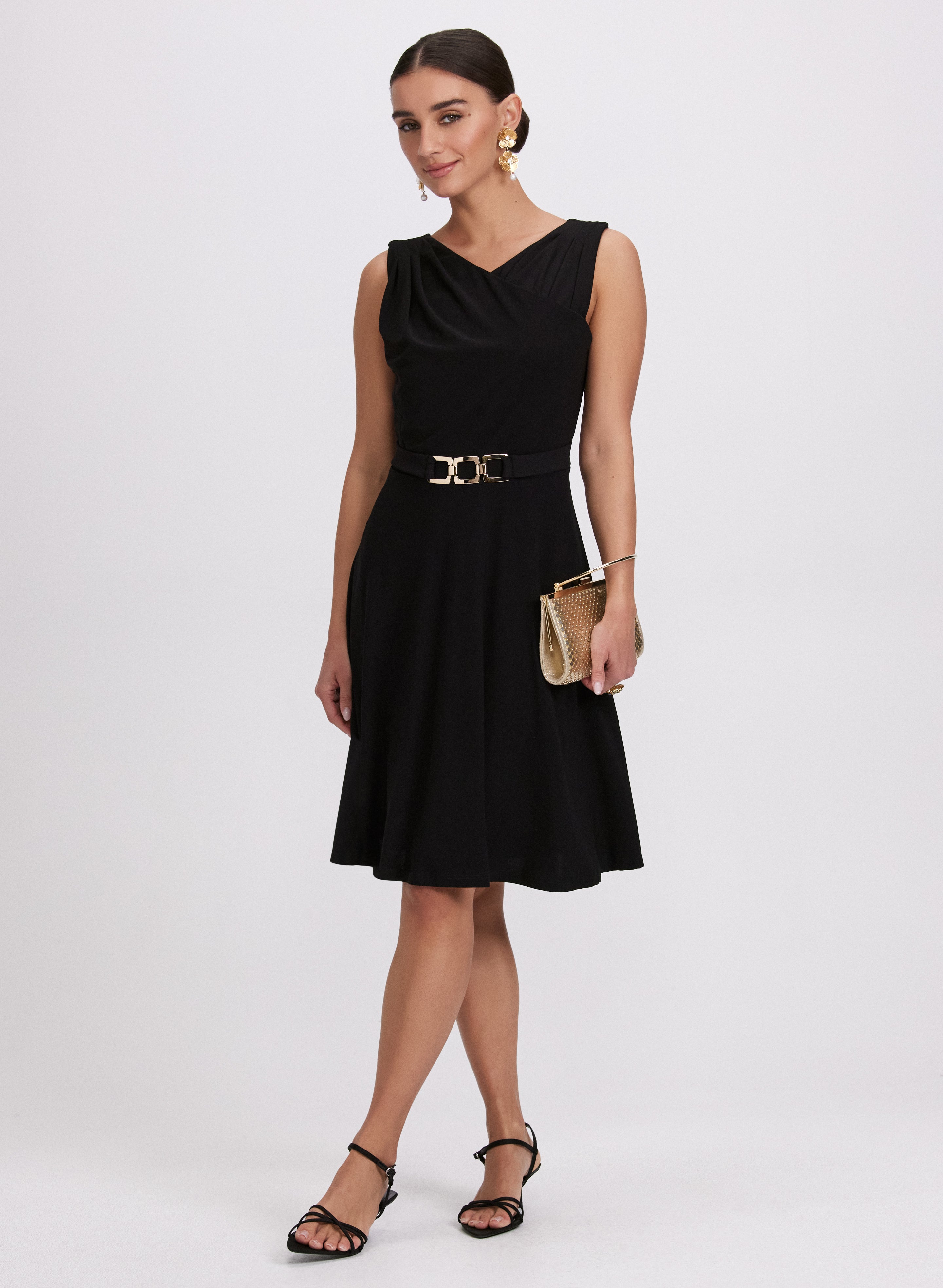 Elegant Belted Pleat Detail Dress for Women - Stylish Flowy Midi Dress with Waist Tie - Perfect for Office, Party & Special Occasions