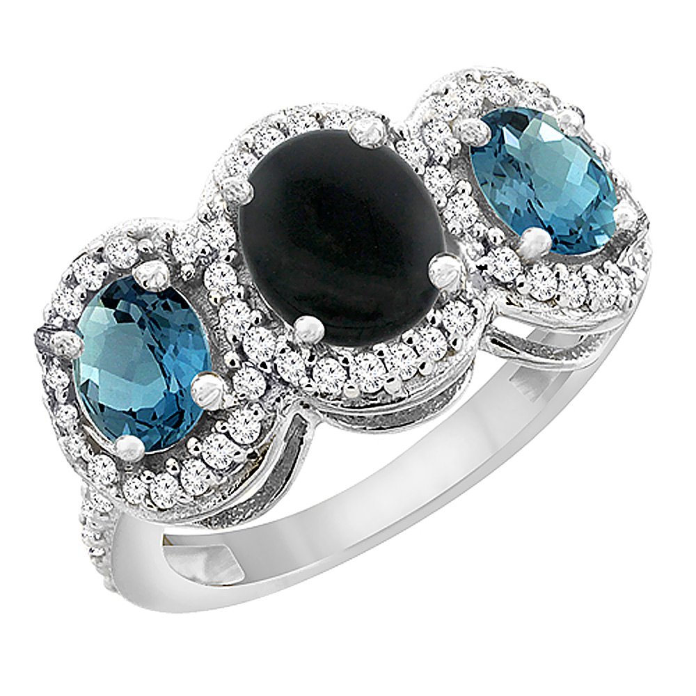 10K White Gold Natural Black Onyx & London Blue Topaz 3-Stone Ring with Oval Diamond Accent - Sizes 5-10 | Elegant Jewelry for Weddings, Anniversaries & Special Occasions