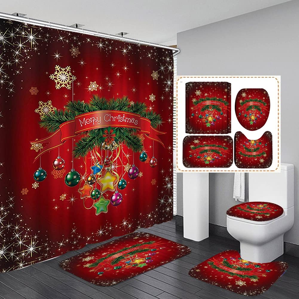 Patgoal 4-Piece Christmas Shower Curtain Set with Rugs & Toilet Lid Cover - 3D Holiday Bathroom Decor with 12 Hooks - Festive Xmas Bath Mat & Shower Curtain for Home, Party & Gift Giving