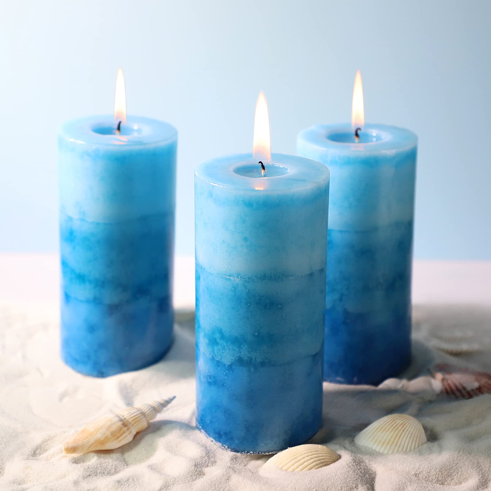 Ocean Scented Pillar Candles 3-Pack - 60+ Hour Burn, Blue Home Fragrance for Relaxation & Spa