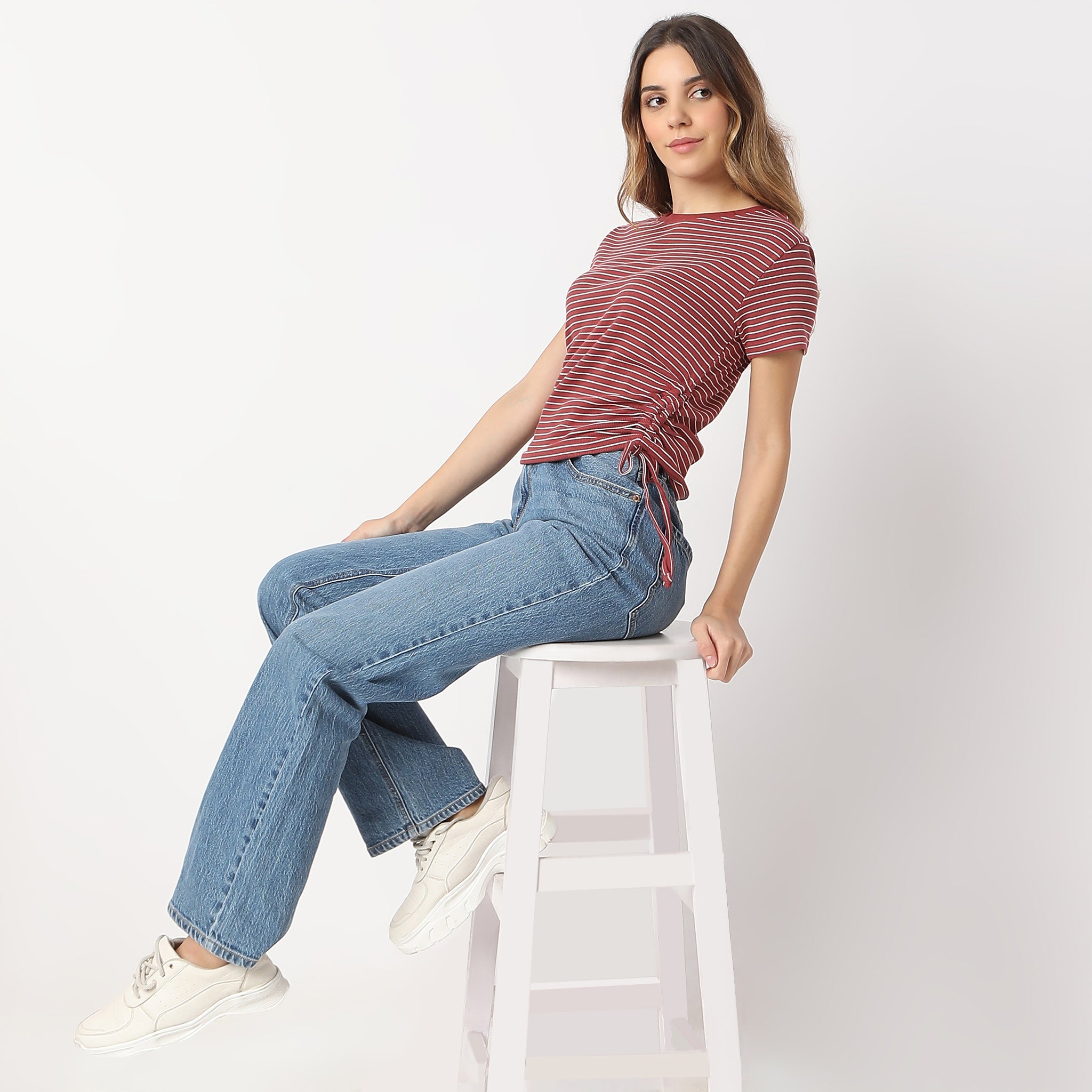 Fitted Striped Betty with Side Ruching T-Shirt - Women's Slim Fit Casual Tee for Everyday Wear, Date Night & Office Outfits