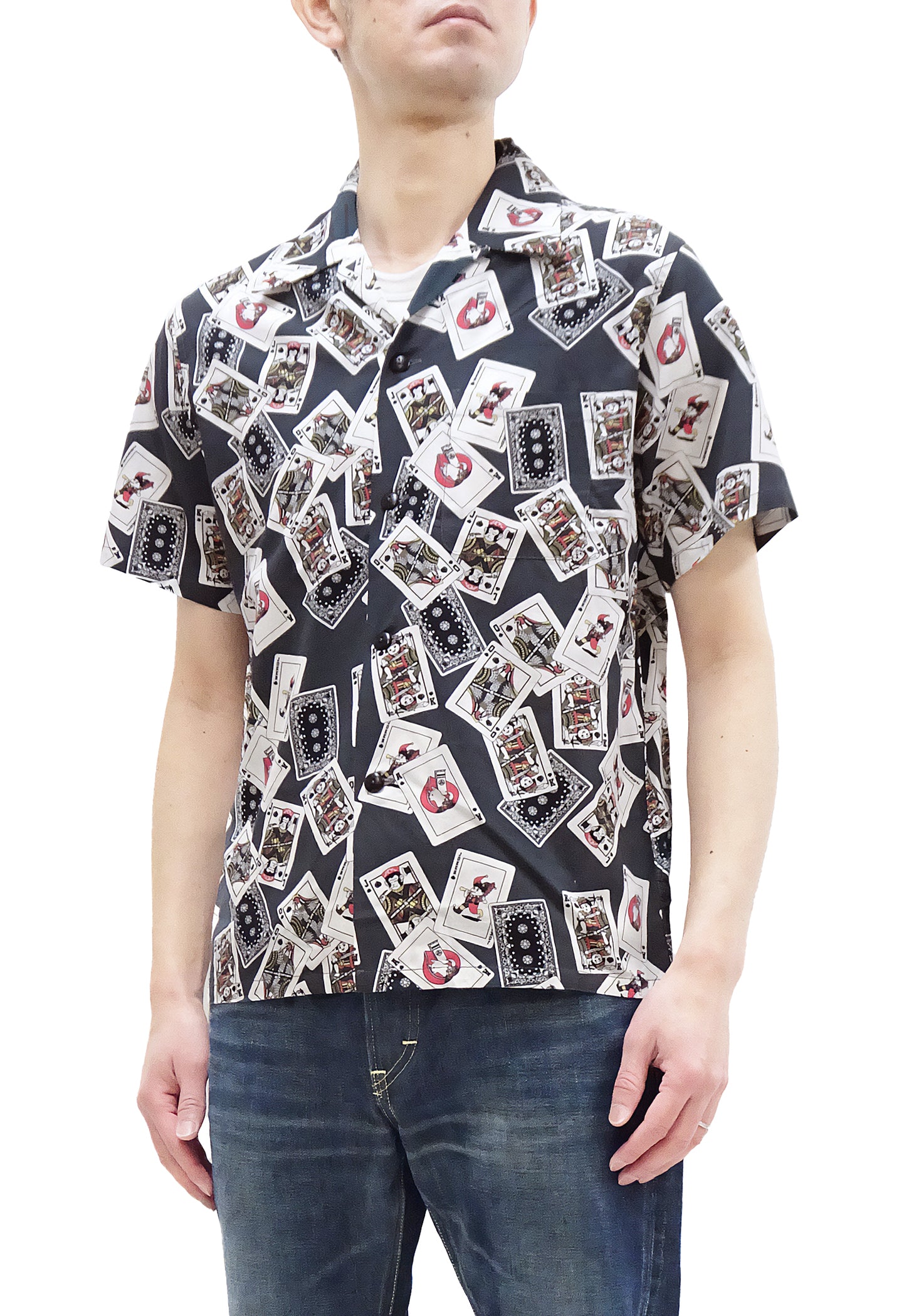 Momotaro Jeans Men's Short Sleeve Hawaiian Shirt - Japanese Aloha Shirt with Unique Design (MSS1010M31) in Black | Perfect for Summer Beach, Vacation & Casual Wear