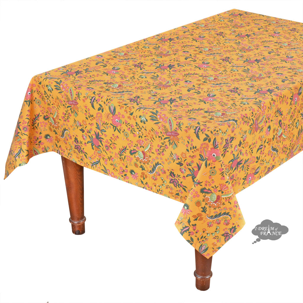 60x120 Inch Rectangular Versailles Yellow Acrylic Coated Cotton Provence Tablecloth by Le Cluny - Elegant Dining Table Cover for French Country Kitchen, Outdoor Picnic & Special Occasions