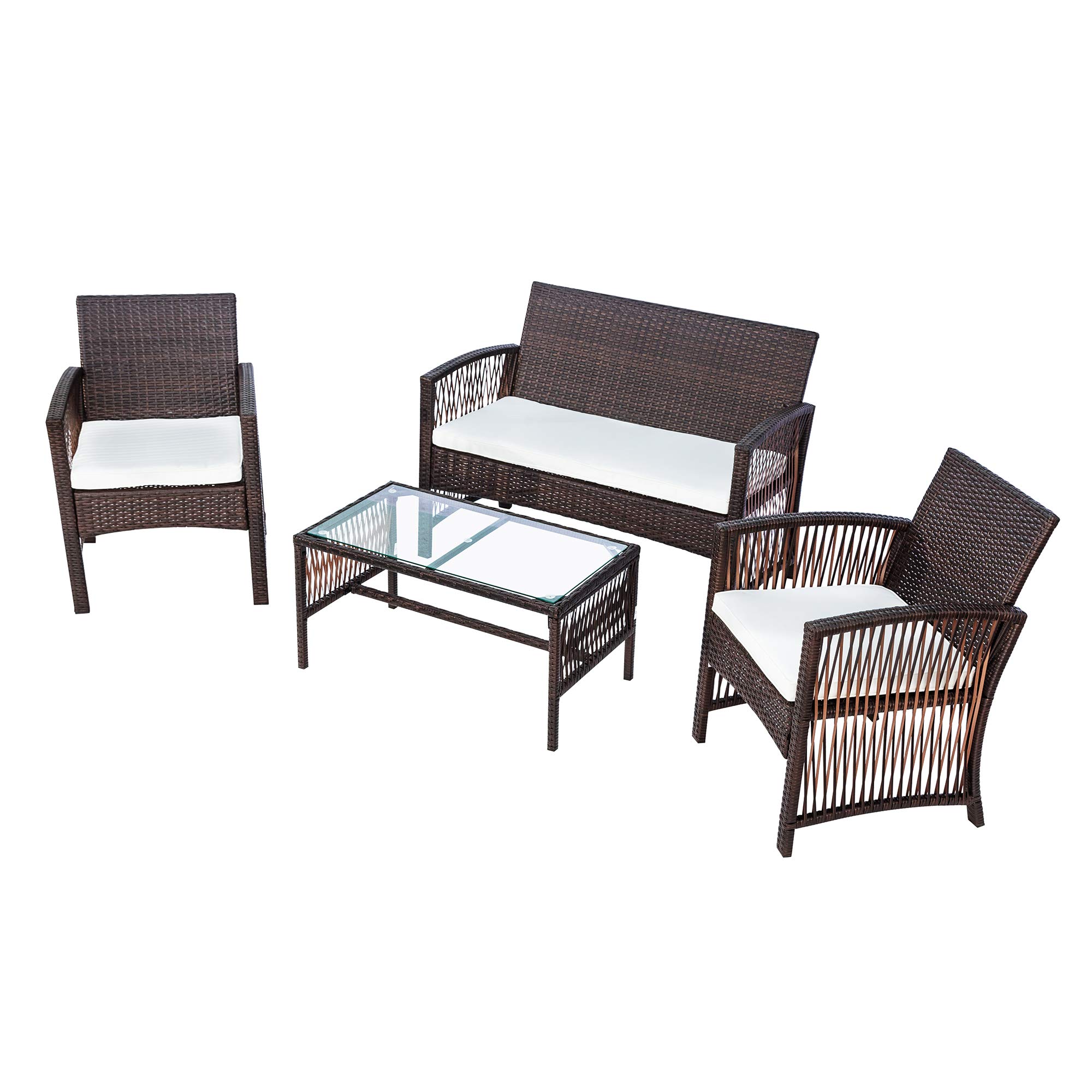 4-Piece Outdoor Rattan Patio Furniture Set - Wicker Sofa, Chair & Table for Garden, Backyard, Porch, Poolside - Brown - Perfect for Relaxing, Entertaining & Outdoor Dining