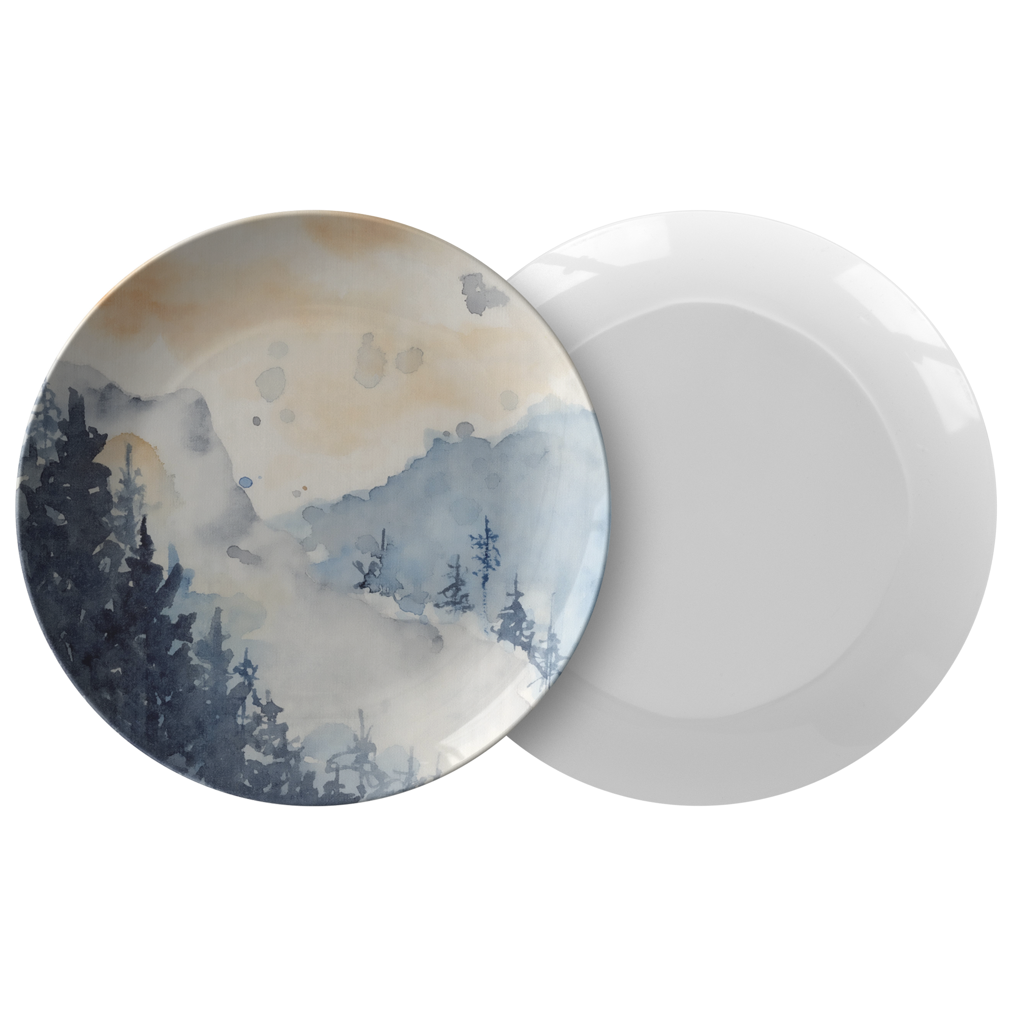 Eco-Friendly Watercolor Mountain Landscape Plastic Dinner Plates - 12 Pack, Durable & Stylish for Picnics, Parties, and Outdoor Dining