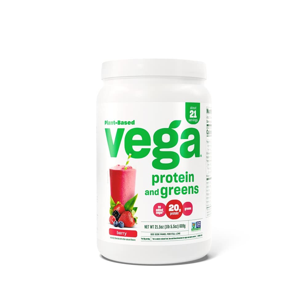 Vega Protein and Greens Berry Plant-Based Protein Powder - Vegan, Non-GMO Pea Protein with Superfood Greens (18 Servings, 1.2lbs) for Men & Women | Post-Workout Recovery, Meal Replacement, Smoothie Booster