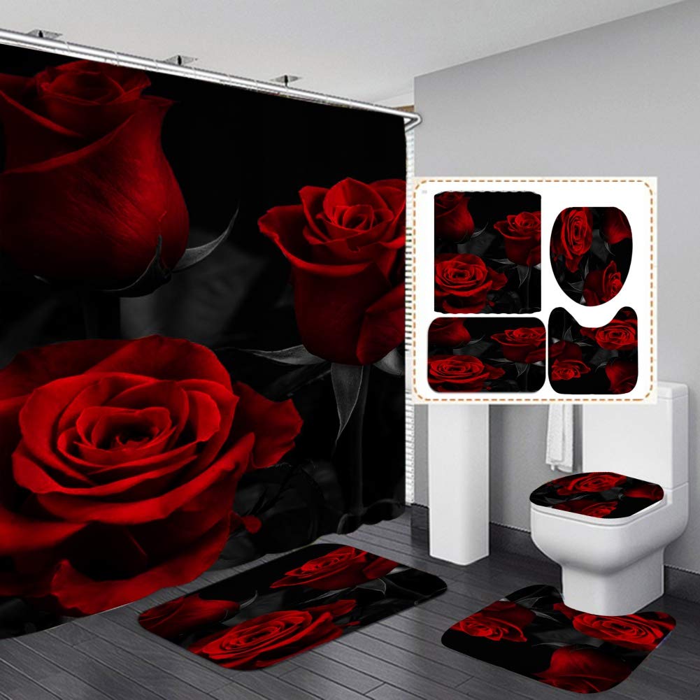 Forart 4-Piece Sweetheart Shower Curtain Set - Romantic Valentine's Day Bathroom Decor, Waterproof Polyester Fabric with Hooks, Perfect for Couples' Bathroom, Anniversary Gift & Wedding Shower Decor