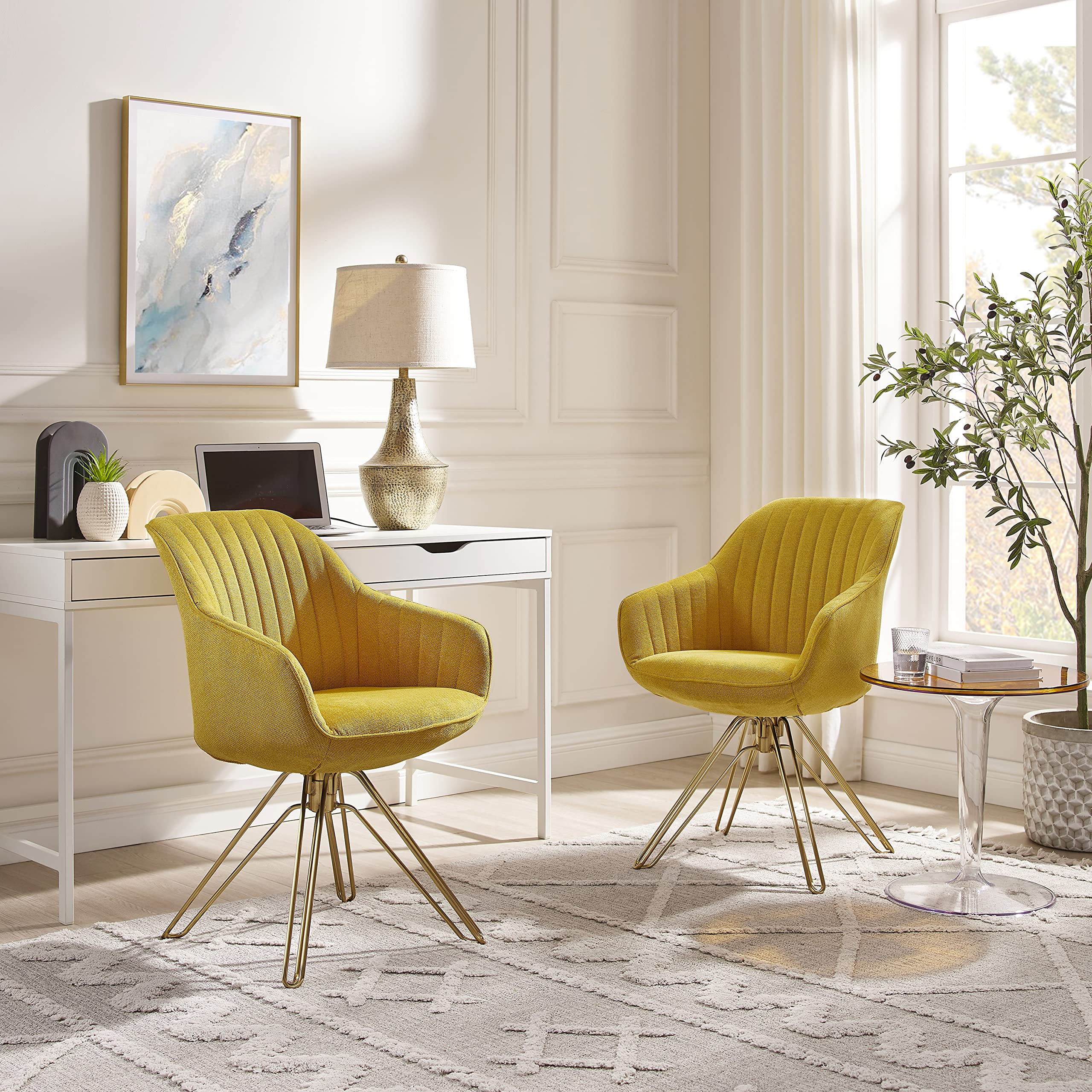 Volans Mid Century Modern Swivel Accent Arm Chair - Set of 2 Upholstered Desk Chairs with Gold Legs, No Wheels - Perfect for Home Office, Living Room & Reading Nook - Yellow