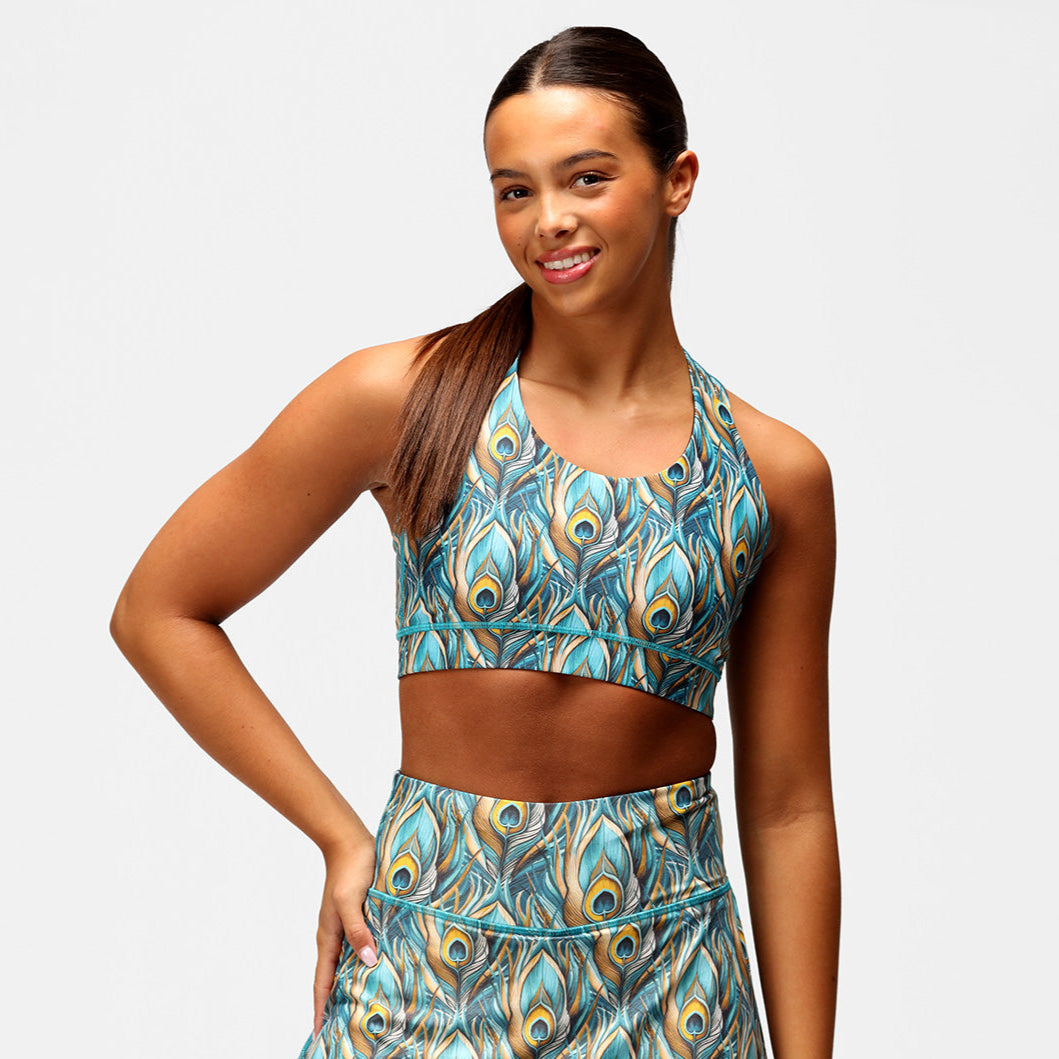 Pretty In Peacock Cross Back Bra - Comfortable & Stylish Women's Sports Bra for Yoga, Gym & Workouts