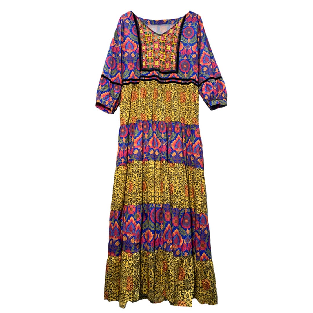Bohemian Print Summer Beach Dress for Women - Vintage Thai Ethnic Embroidered Long Maxi Dress | Perfect for Travel, Vacations, and Tropical Getaways