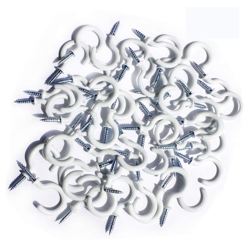 WaterLuu 1-1/4 Inch Vinyl Coated Screw-in Ceiling & Wall Hooks - 50 Pack White - Heavy Duty Plant Hangers, Kitchen Cup Hooks for Indoor & Outdoor Use - Perfect for Hanging Plants, Mugs, Utensils & Home Decor