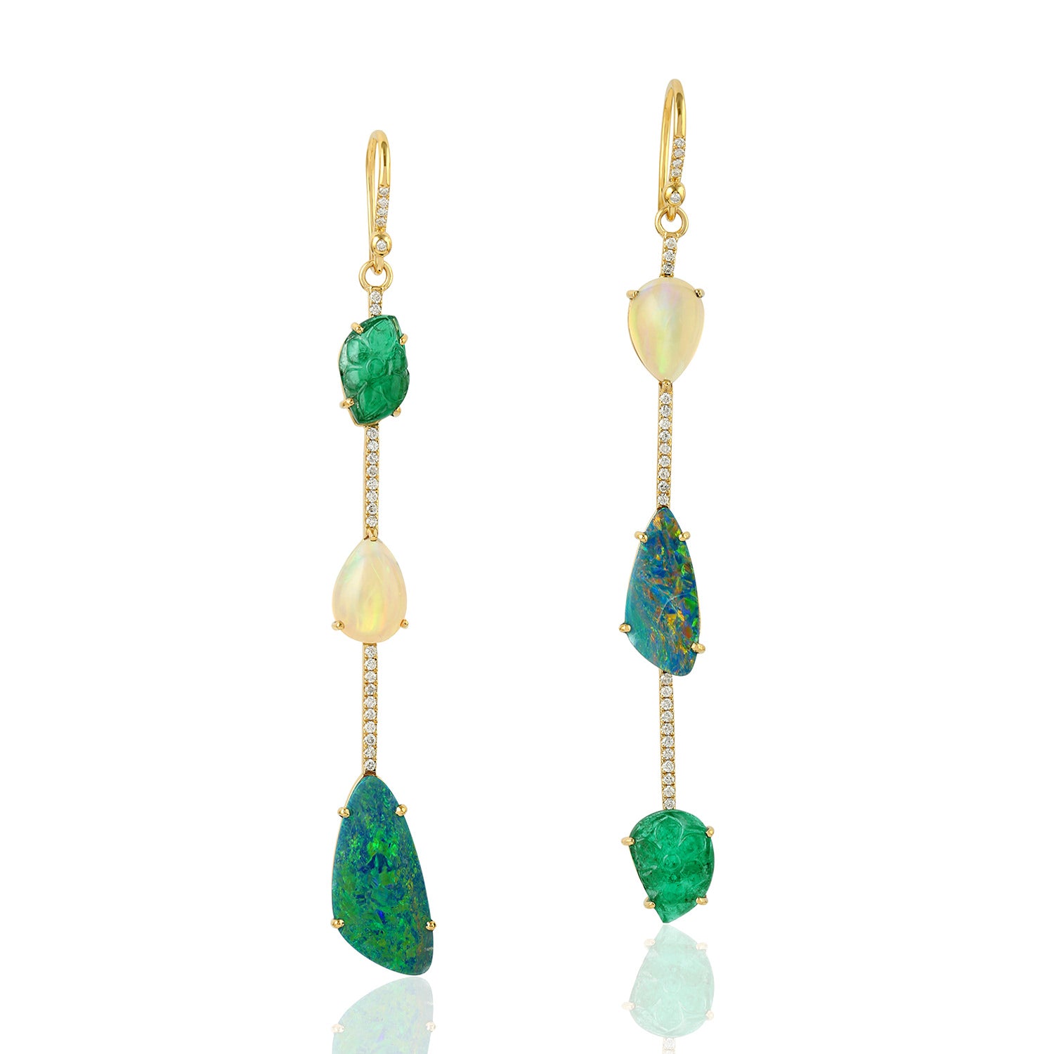 Exquisite Carved Emerald Opal Doublet & Ethiopian Pave Diamond Gold Ear Hook Earrings - Perfect for Weddings, Parties & Special Occasions