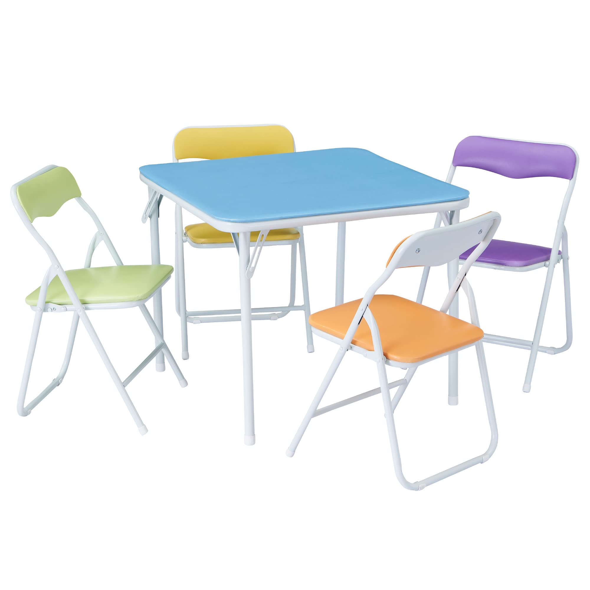 VECELO Folding Activity Table with 4 Padded Chairs Set - Portable Kids Play Table, No Assembly Required, 5-Piece Children's Furniture Set for Indoor/Outdoor Playroom, Classroom, and Birthday Parties