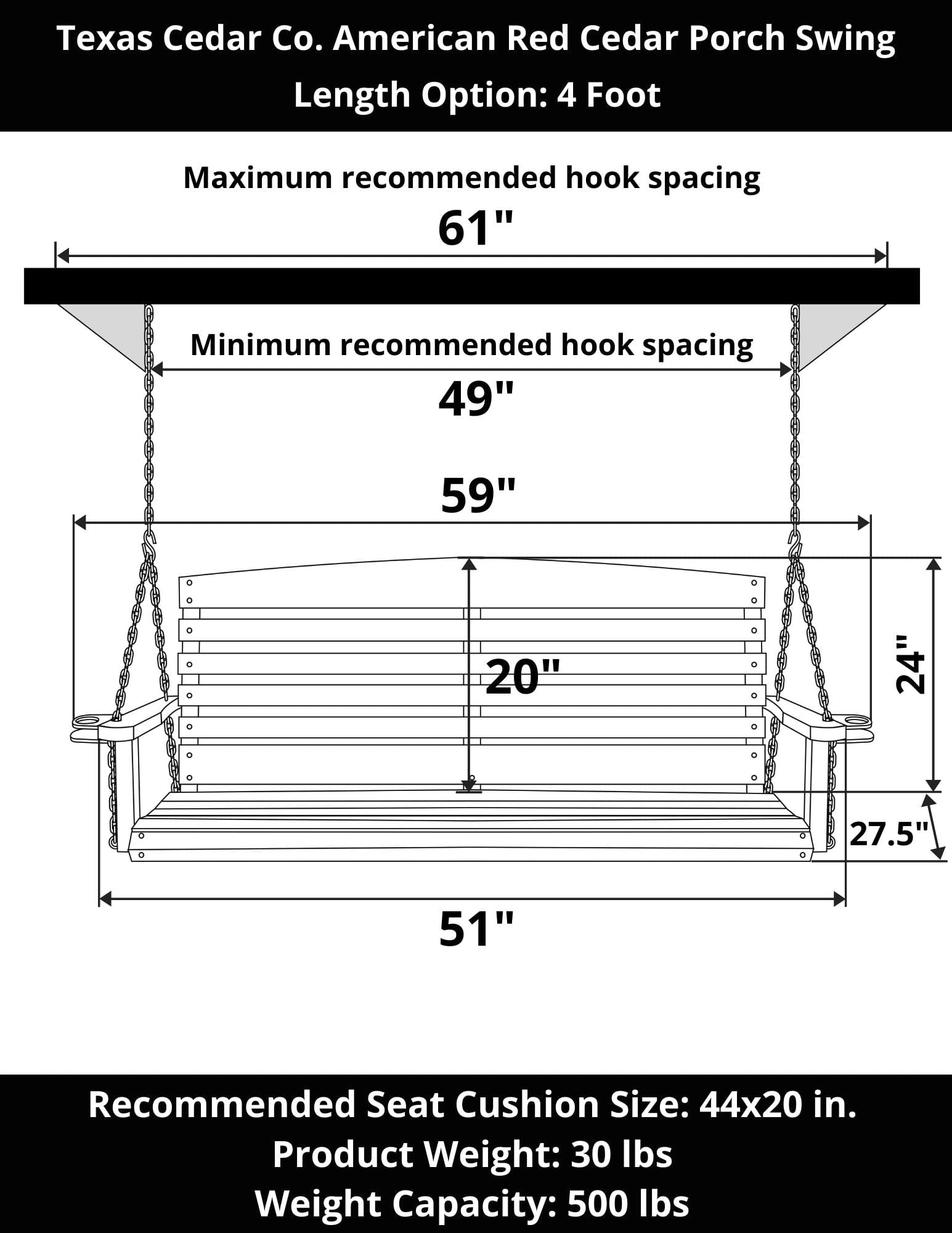Texas Cedar Co. 5ft American Red Cedar Porch Swing - Outdoor Patio, Garden & Backyard Relaxation for Decks, Yards & Porches