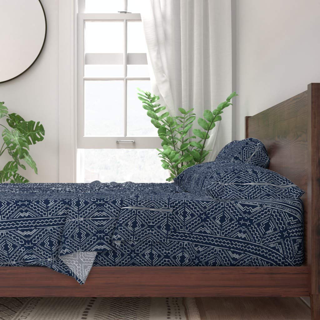 Premium 100% Cotton Twin 3-Piece Sheet Set - African Mud Cloth Tribal Print in White, Blue & Indigo | Breathable Soft Bedding for Cozy Nights | Perfect for Guest Rooms, Dorm Decor & Boho Chic Bedrooms