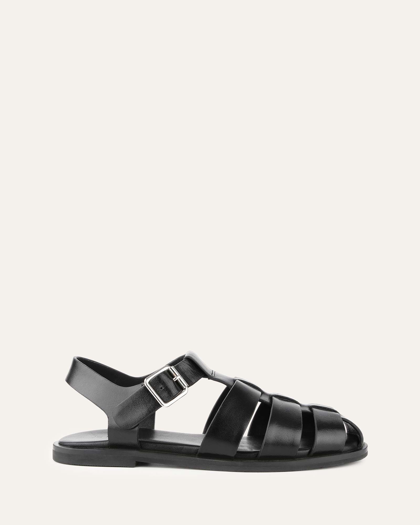 FINN Flat Sandals for Women - Black Leather Straps Comfortable Slide Sandals for Summer, Beach, and Casual Wear