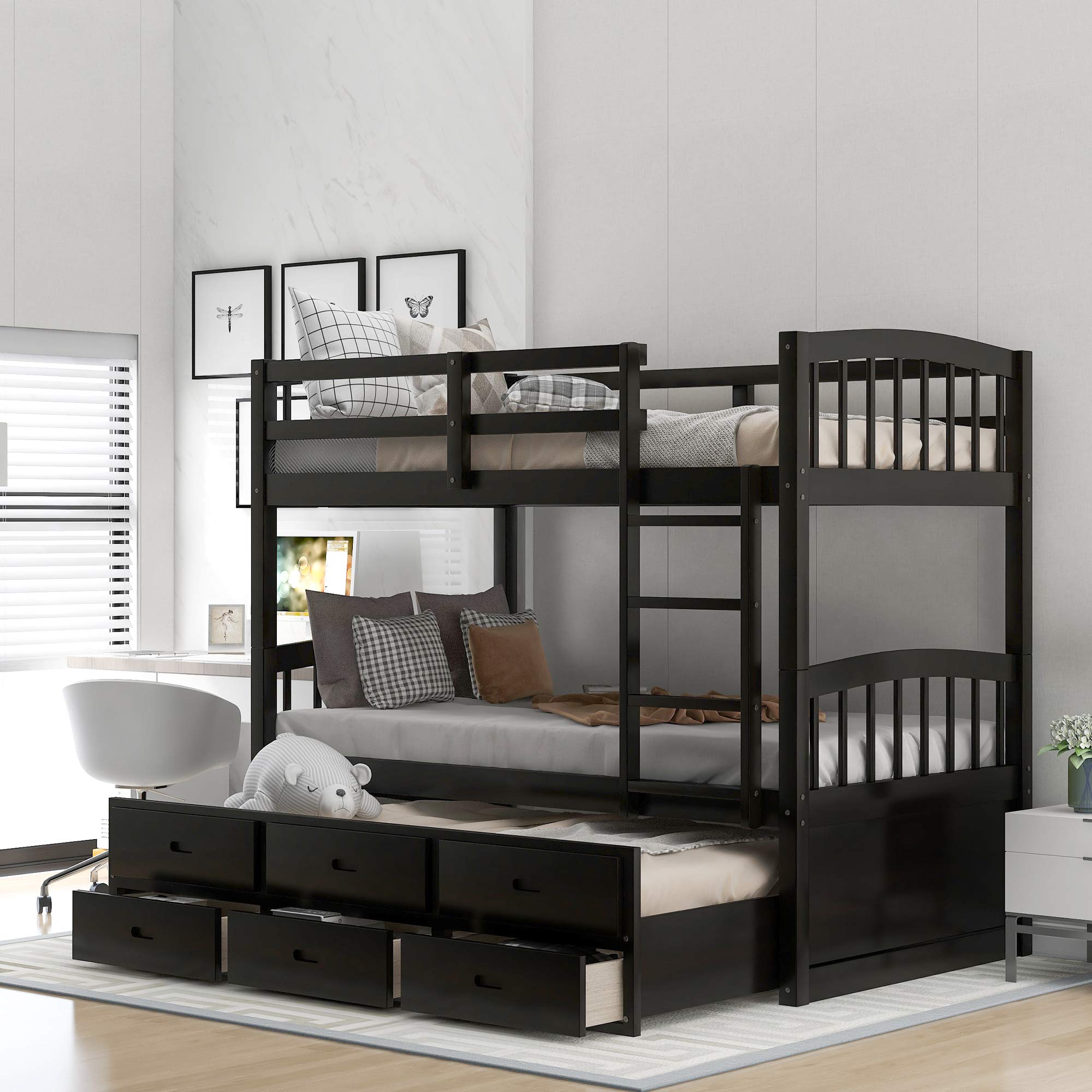 Solid Wood Twin Over Twin Bunk Bed for Kids with Trundle, Storage Drawers & Safety Guardrails - No Box Spring Needed (Espresso + Pine) - Perfect for Small Bedrooms, Guest Rooms & Vacation Homes