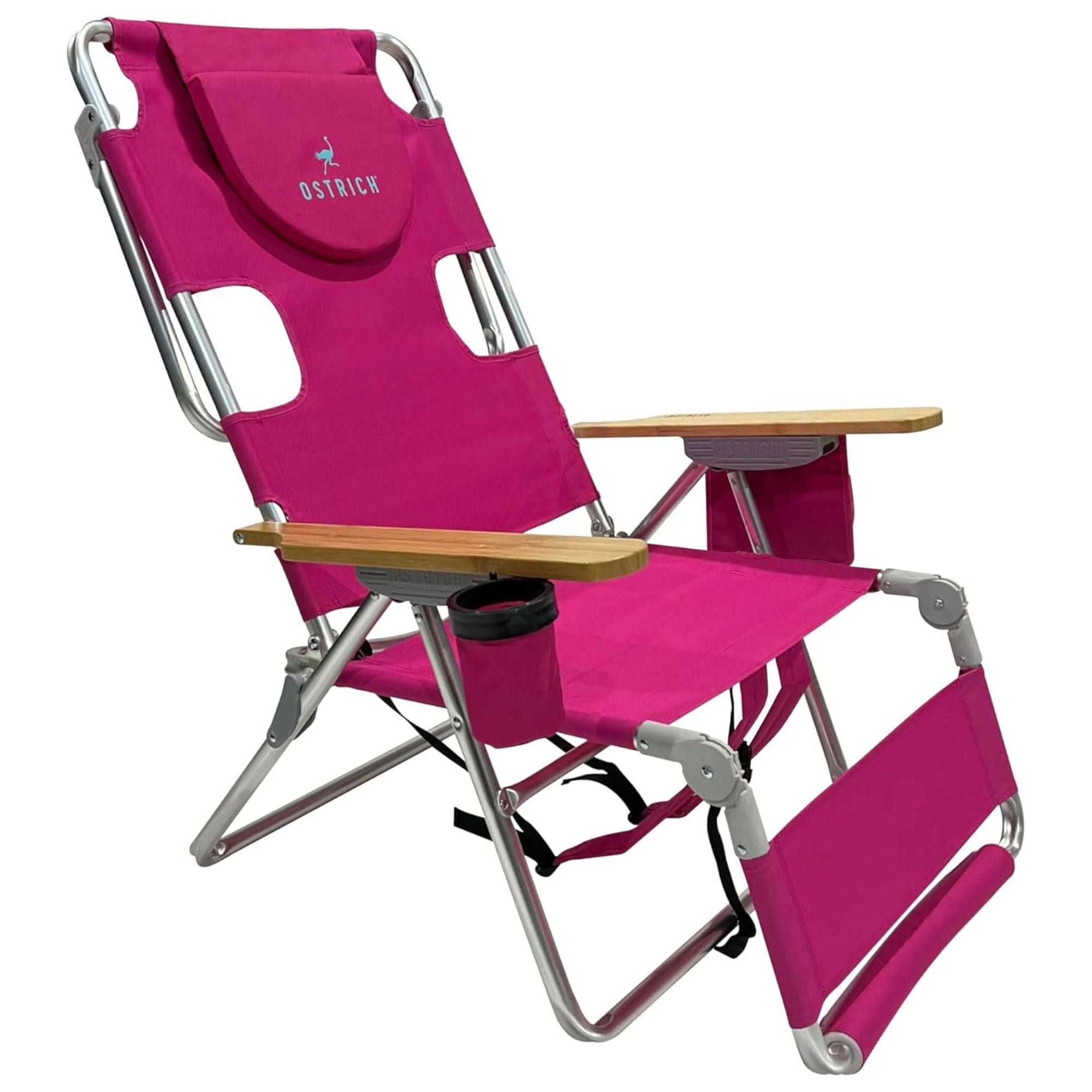 Ostrich Woody 3-in-1 Beach Chair with Cooler Bag - Portable Reclining Lounge Chair for Tanning, Reading & Relaxing - Adjustable Footrest & Carry Straps - Aluminum Frame (Pink) - Perfect for Beach, Poolside, Camping & Outdoor Adventures