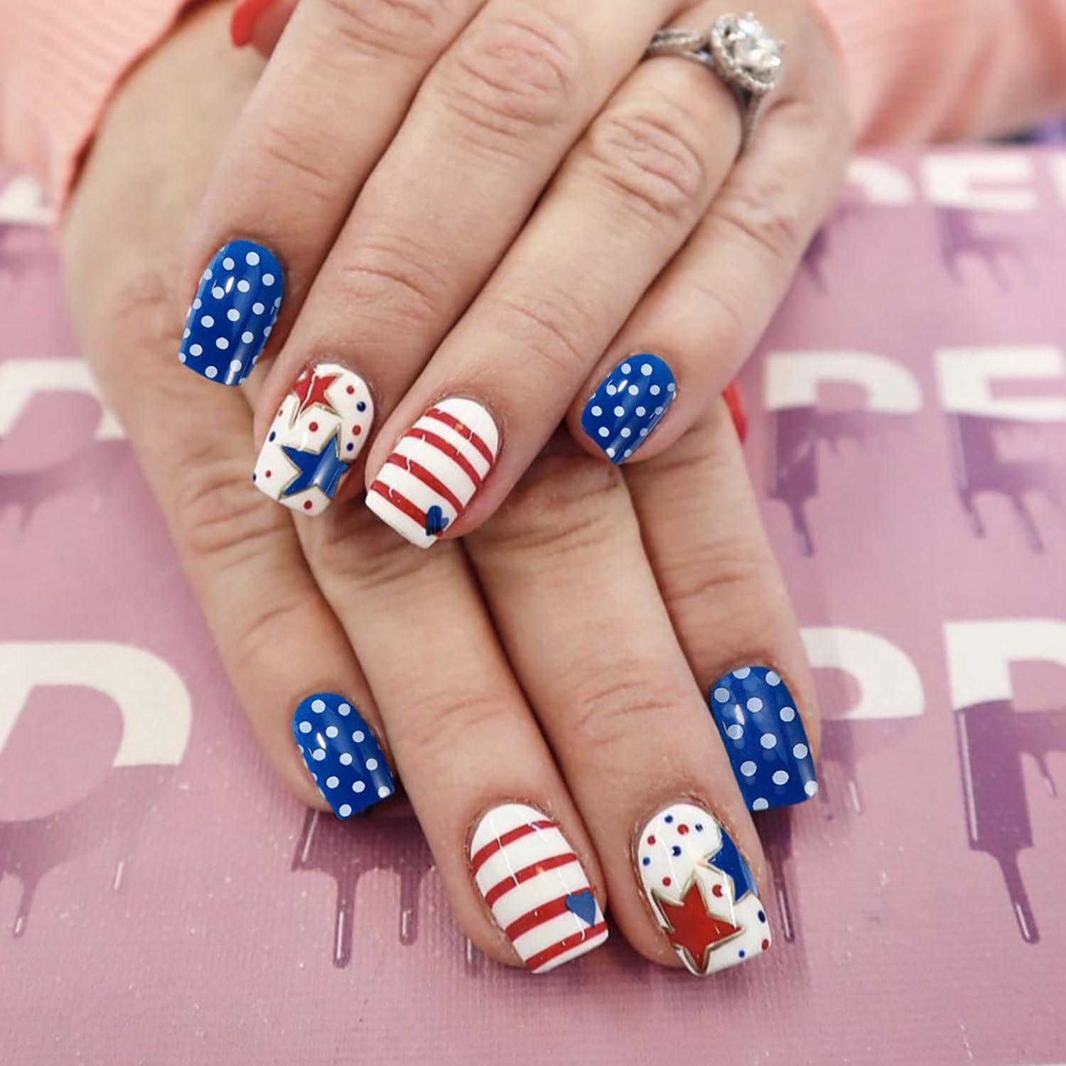 4th of July Press on Nails - Short Round Patriotic Fake Nails with Stars, Stripes & Dots | 24PCS Full Cover Glue on Acrylic Nails for Women & Girls | Perfect for Independence Day Parties, Nail Art & USA Themed Events