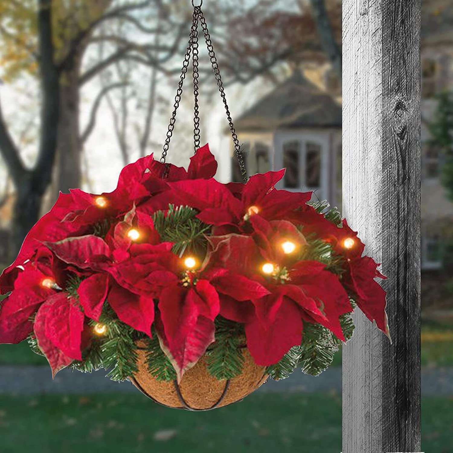 Pre-lit Artificial Christmas Hanging Basket with Frosted Pine Cones & Berry Clusters - White LED Lights Indoor/Outdoor Holiday Decor for Garden, Porch, and Patio | Perfect for Festive Season, Christmas Parties & Winter Home Decoration