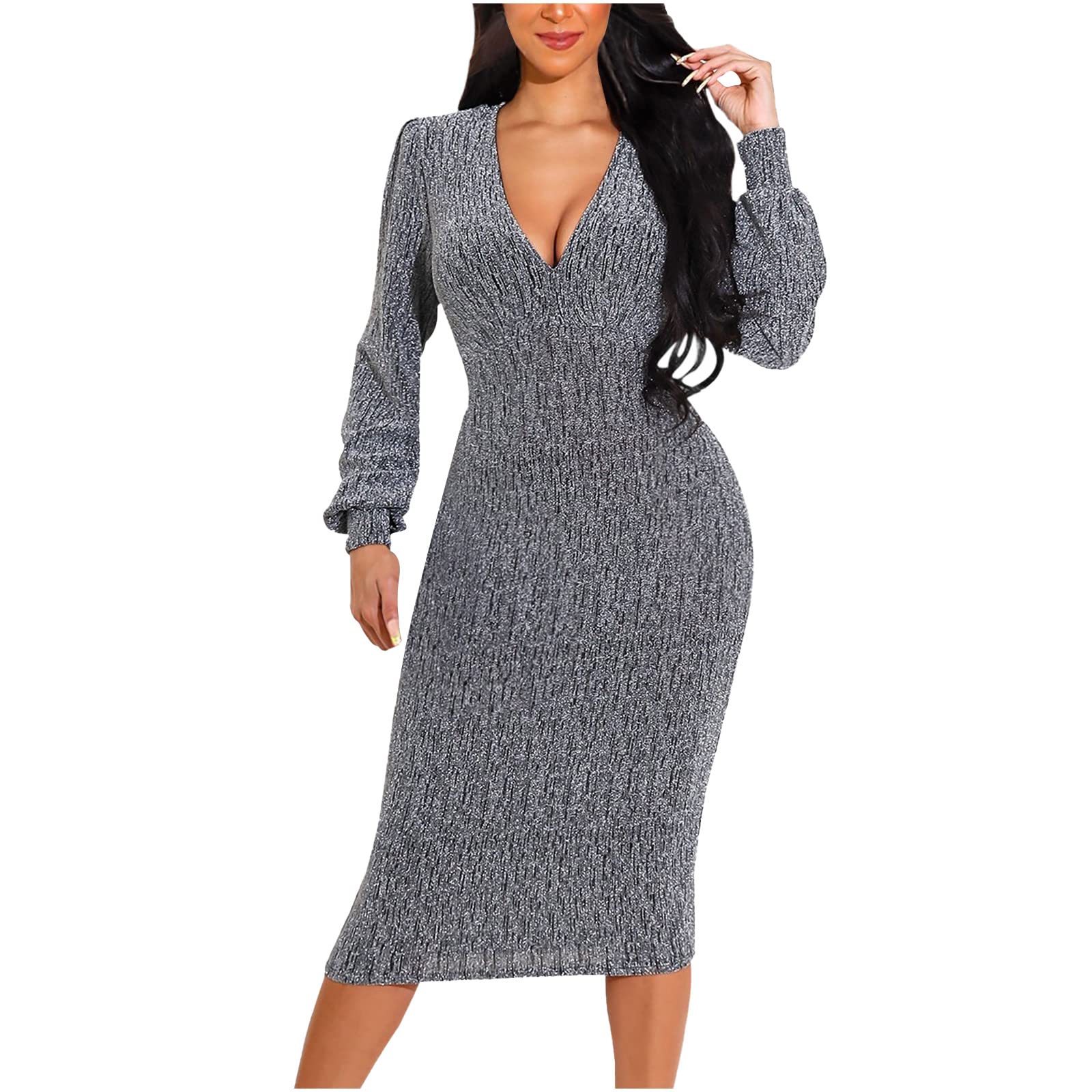 Elegant Women's Graduation & Wedding Guest Dress - Sexy V-Neck Long Sleeve Silk Party Gown for Formal Events, Evening Parties & Special Occasions