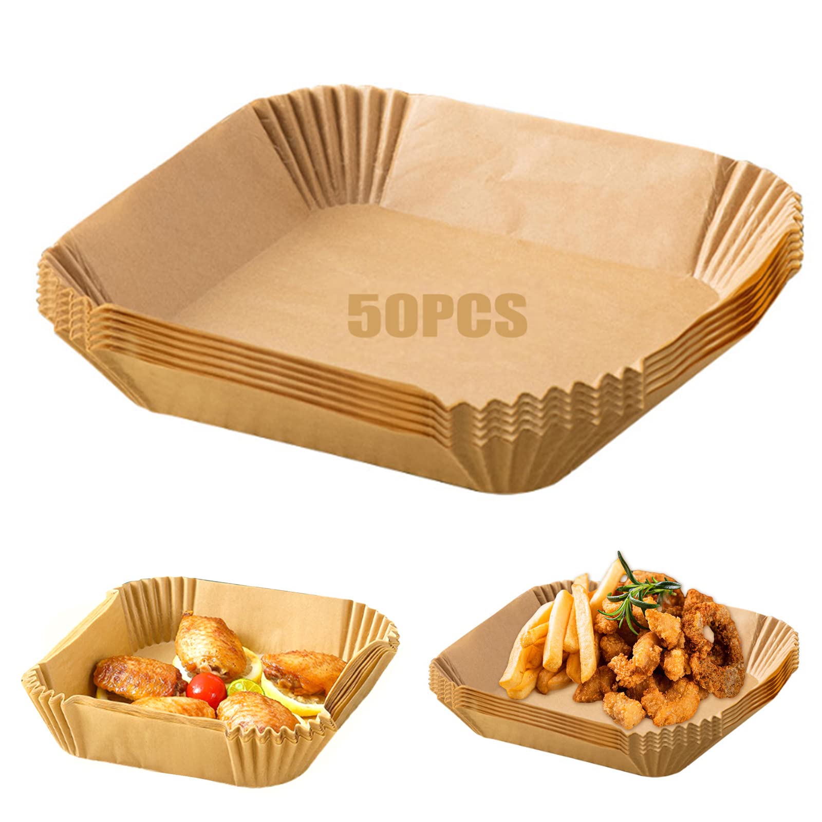 50 PCS Air Fryer Paper Liners - Non-Stick, Heat Resistant Baking Sheets for Air Fryers & Dutch Ovens - Oil-Proof Parchment Liners with Innovative Handle - Perfect for Healthy Cooking, Meal Prep & Party Snacks