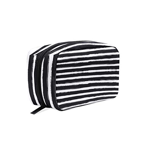 Hand Painted Black & White Striped Makeup Bag - Portable Travel Train Case Cosmetic Organizer with Multifunction Storage | Perfect for Travel, Gym, and Daily Beauty Essentials