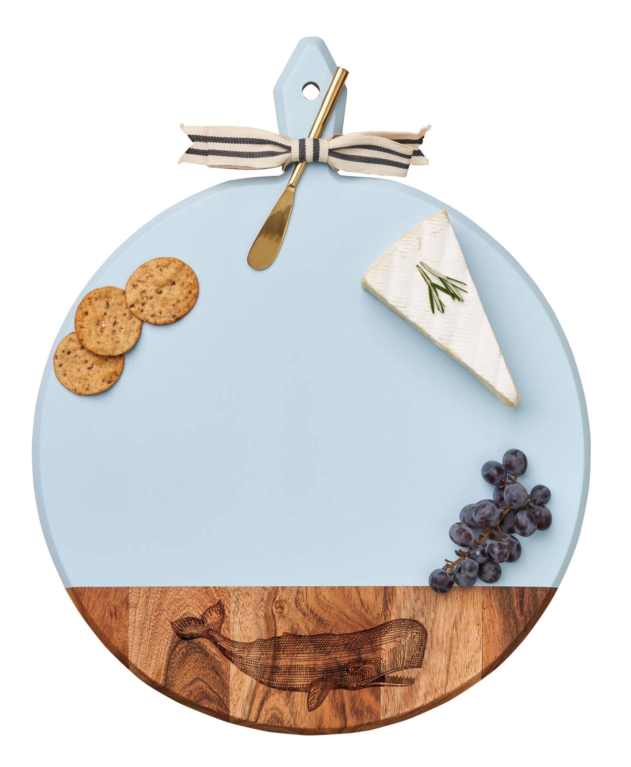 Acacia Wood Charcuterie Board with Handle - Round Cheese Board with Gold Spreader & Gray White Ribbon - Whale Design - 20 x 16 Inches - Perfect for Cheese Platters, Charcuterie, Entertaining & Gift Giving