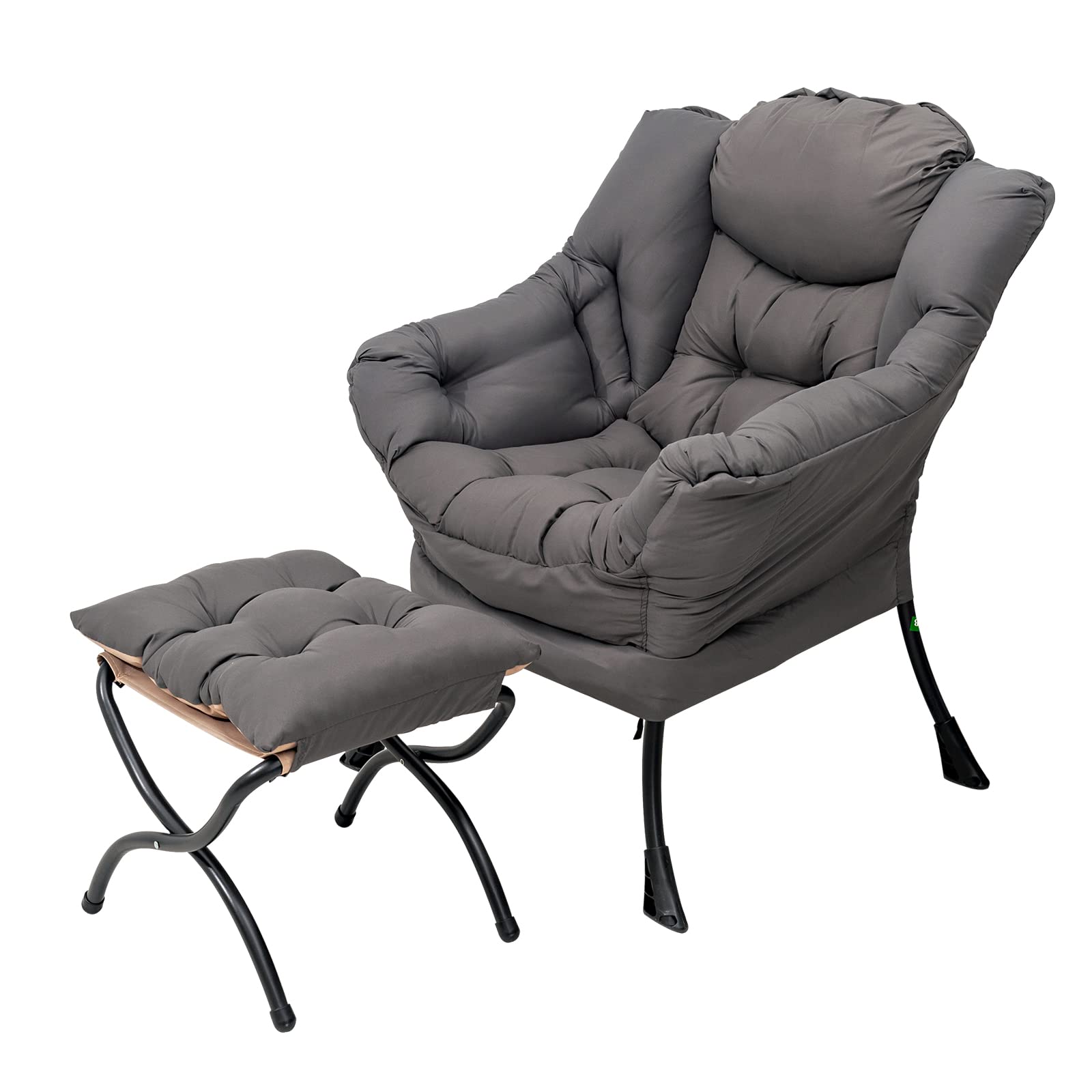 Welnow Modern Lazy Chair with Ottoman - Dark Grey Lounge Accent Chair with Armrests & Side Pocket | Upholstered Reading Chair & Footrest Set for Small Spaces | Perfect for Living Room, Bedroom or Office Relaxation