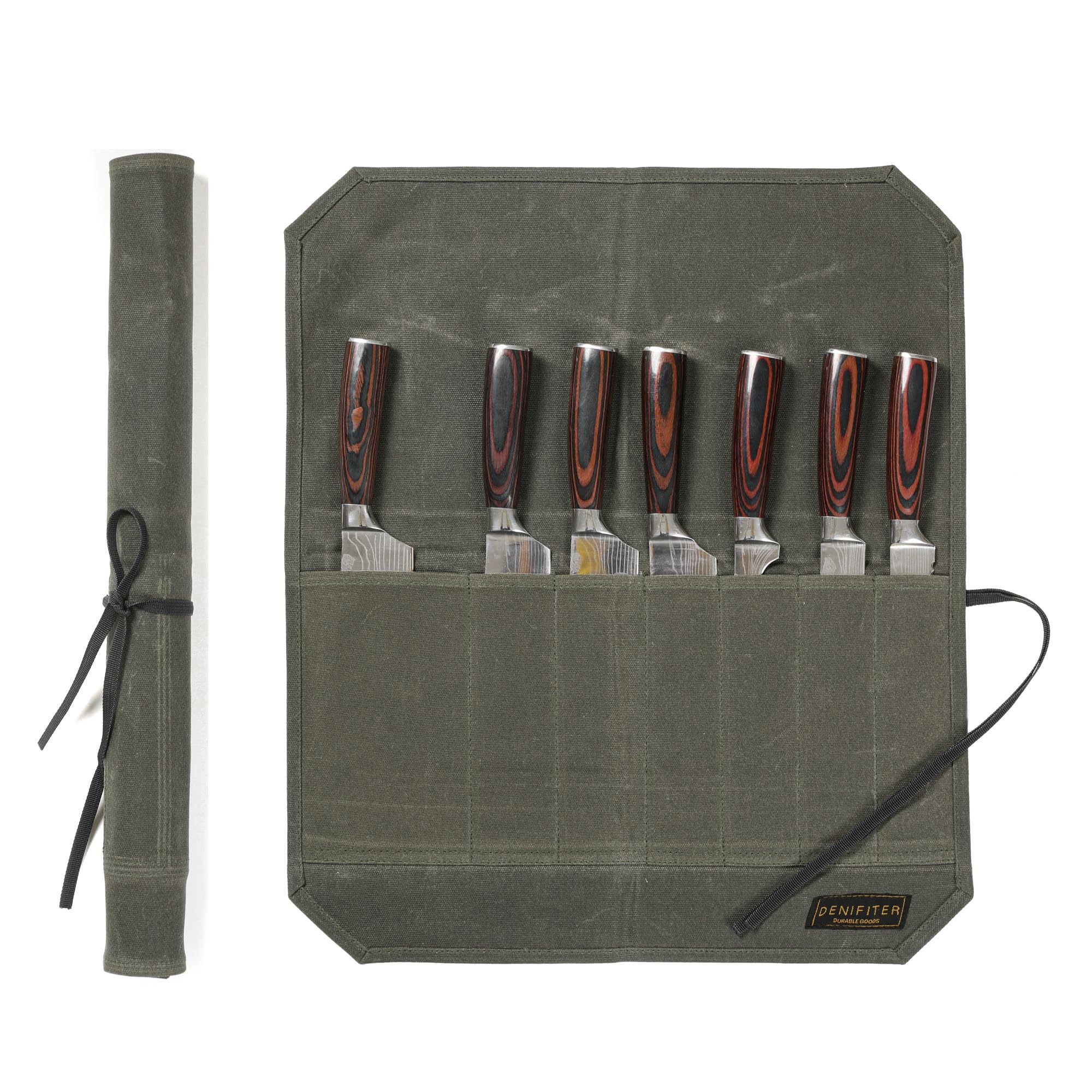 Heavy Duty Waxed Canvas Knife Roll Bag - Professional Chef Knife Organizer with Durable Army Green Waxed Canvas | Perfect for Chefs, Culinary Students & Outdoor Cooking