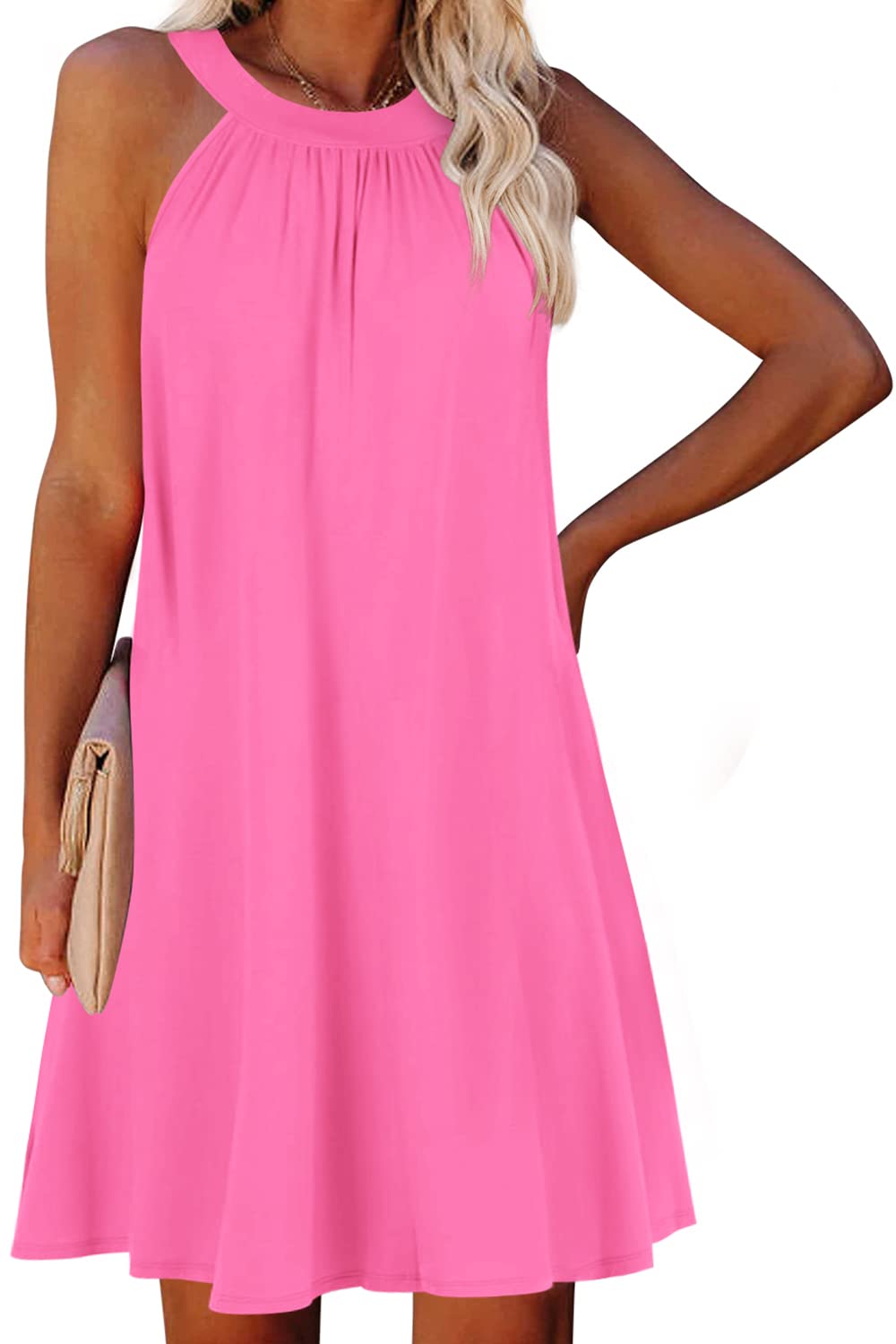 ReachMe Women's Casual Halter Neck Mini Dress - Sleeveless Summer Swing Dress with Pockets | Flowy Short Dress for Beach, Party & Vacation Outfits