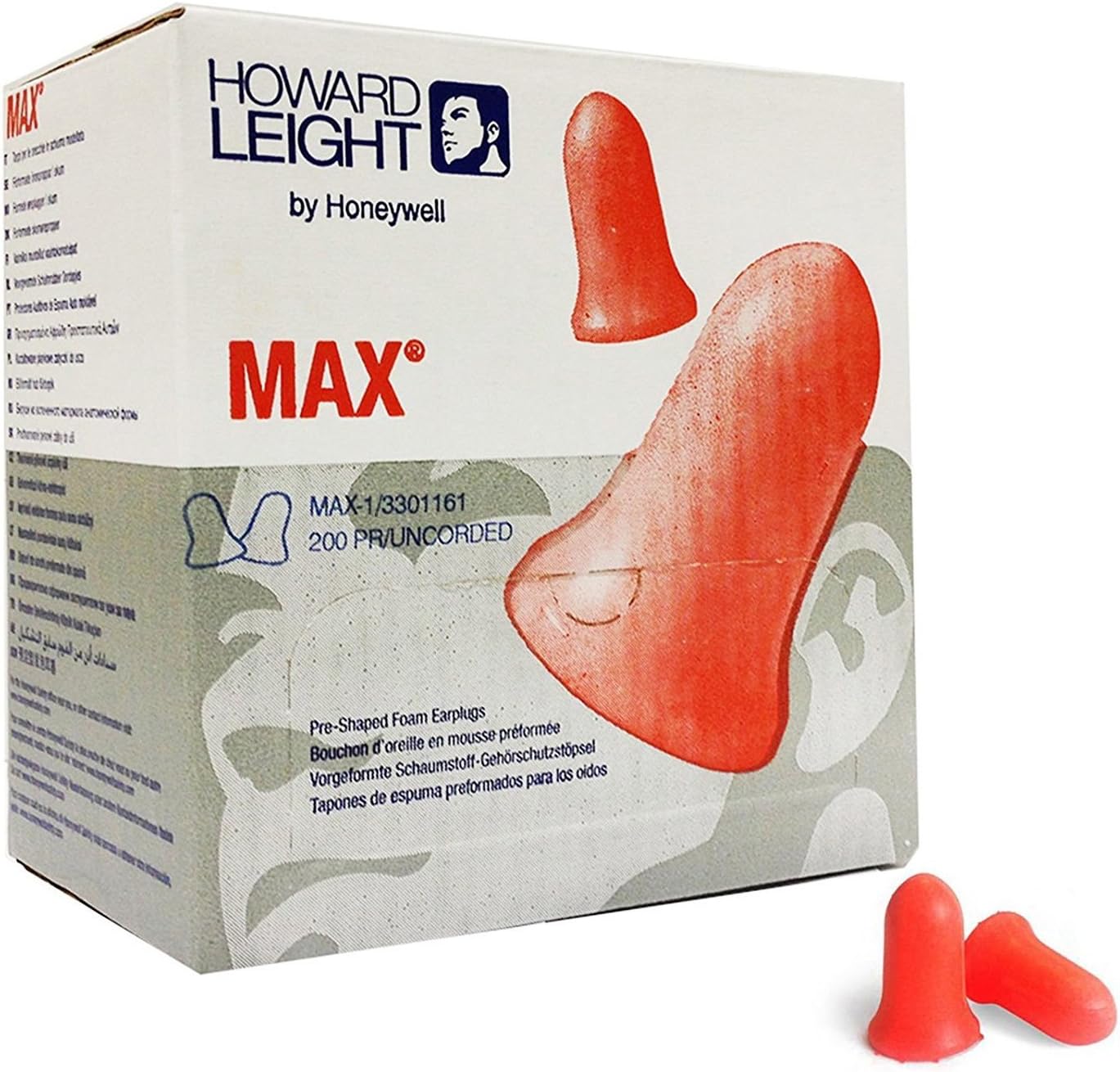 Howard Leight MAX-1 Uncorded NR33 Foam Earplugs - 200 Pairs Noise Reduction Ear Protection for Shooting, Construction & Sleeping - Comfortable Disposable Ear Plugs for Work, Travel & Loud Events