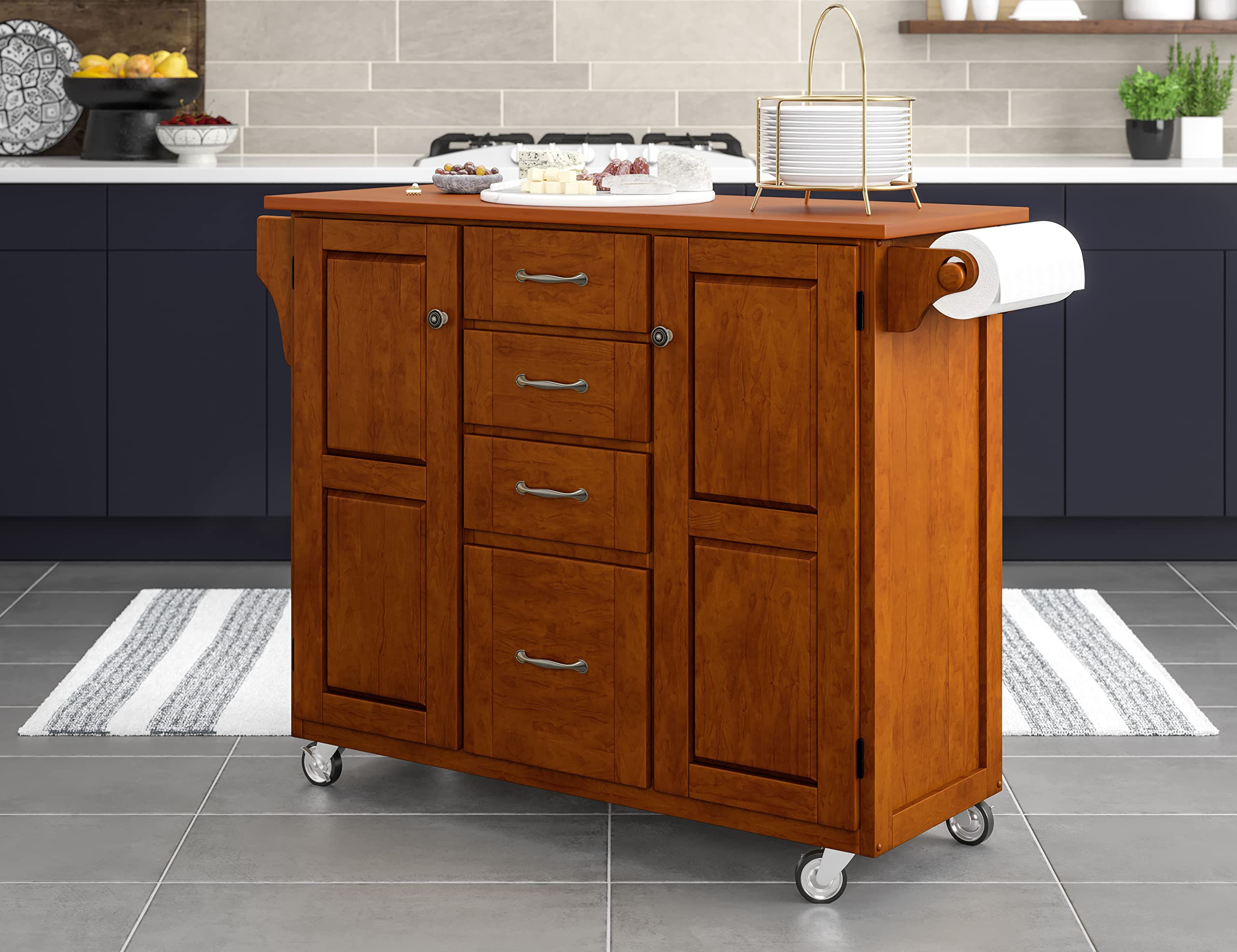 Home Styles Cherry 2-Door Kitchen Cabinet Cart with Solid Oak Top - Mobile Storage for Small Spaces, Perfect for Pantry Organization & Kitchen Island Extension