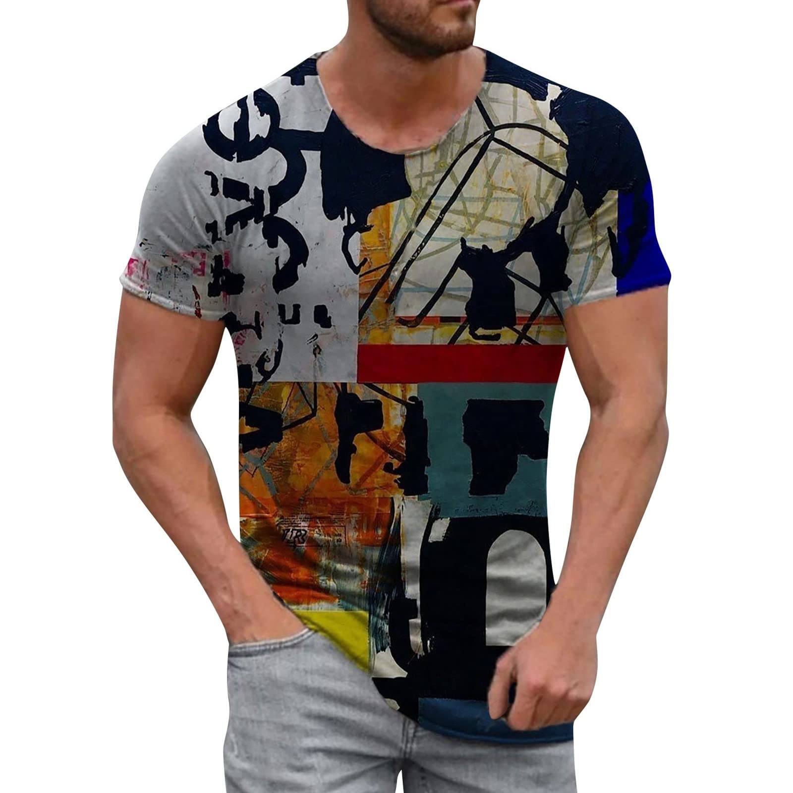 Men's Fashion Digital Print Button Down V-Neck T-Shirt - Casual Short Sleeve Summer Spring Top for Work & Outdoor Activities | Keepfit Brand