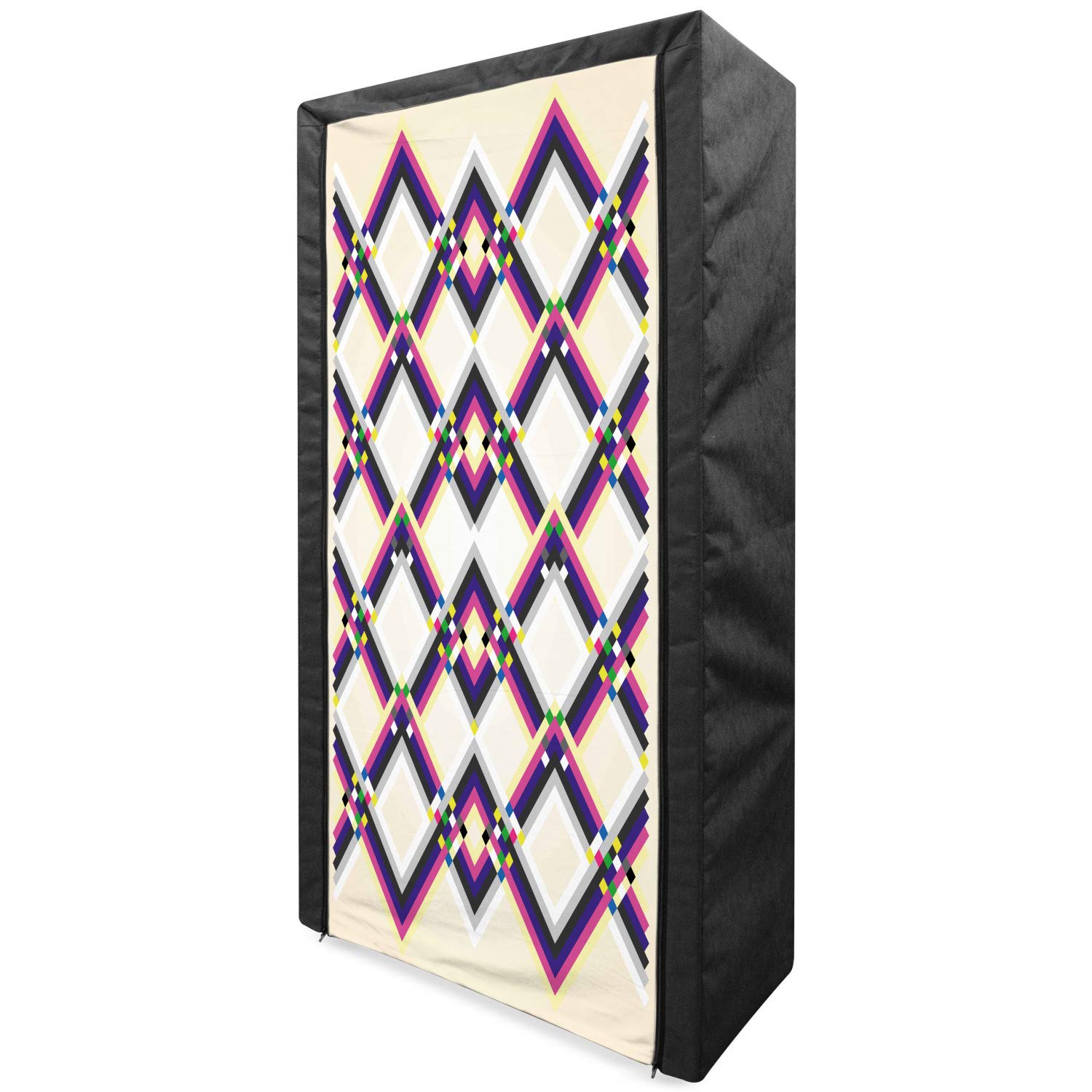 Ambesonne Abstract Geometric Fabric Wardrobe - Portable Clothing Organizer with Shelves, 33.5 Inch, Magenta Cream Purple - Digital Print Square & Diamond Pattern for Bedroom, Closet, Dorm, or Travel Storage