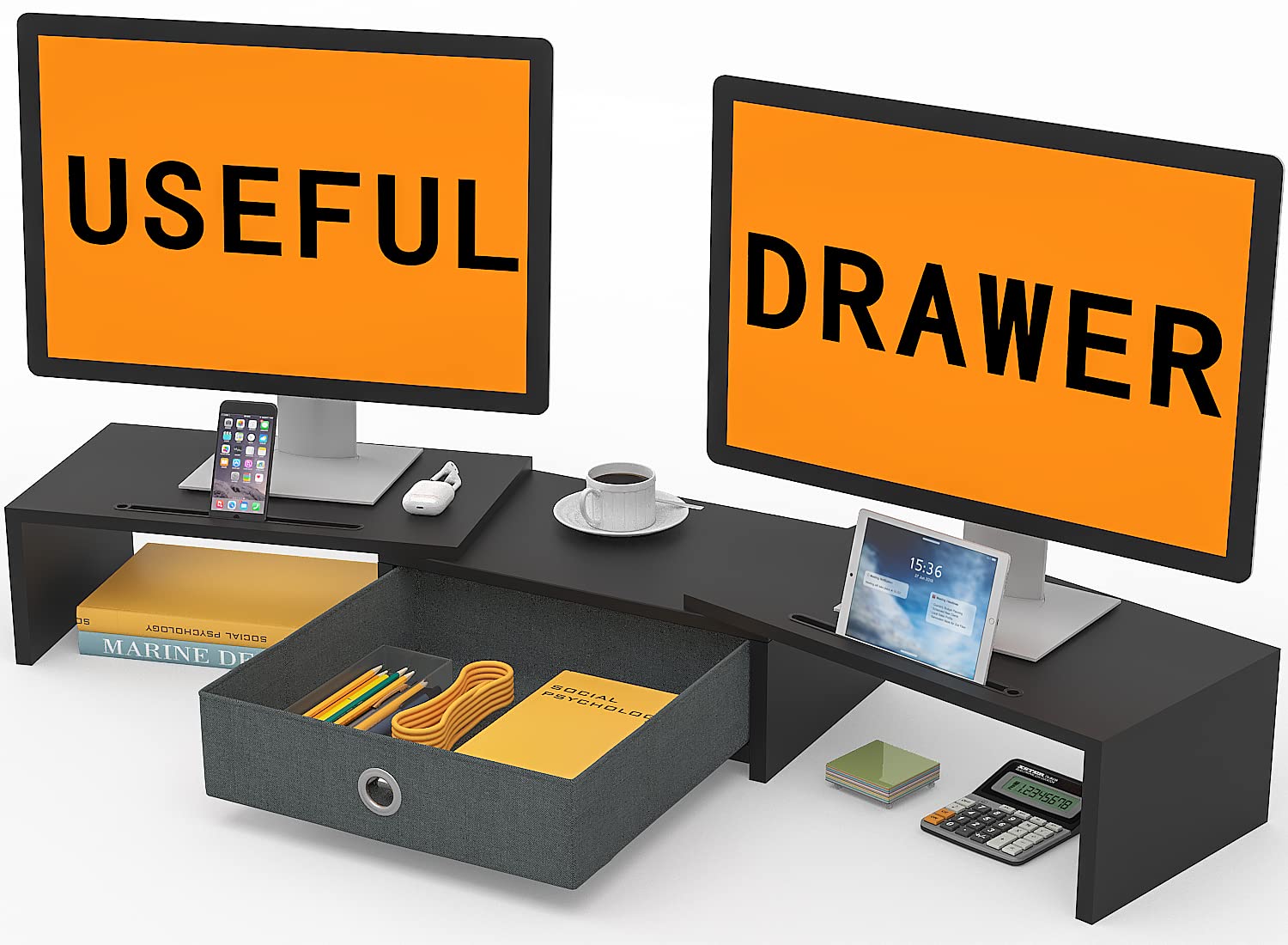 WESTREE Adjustable Dual Monitor Stand Riser with Storage Drawer - Ergonomic Desktop Organizer for 2 Monitors, Laptops, PCs & Printers - Perfect for Home Office, Gaming Setup & Workspace Organization