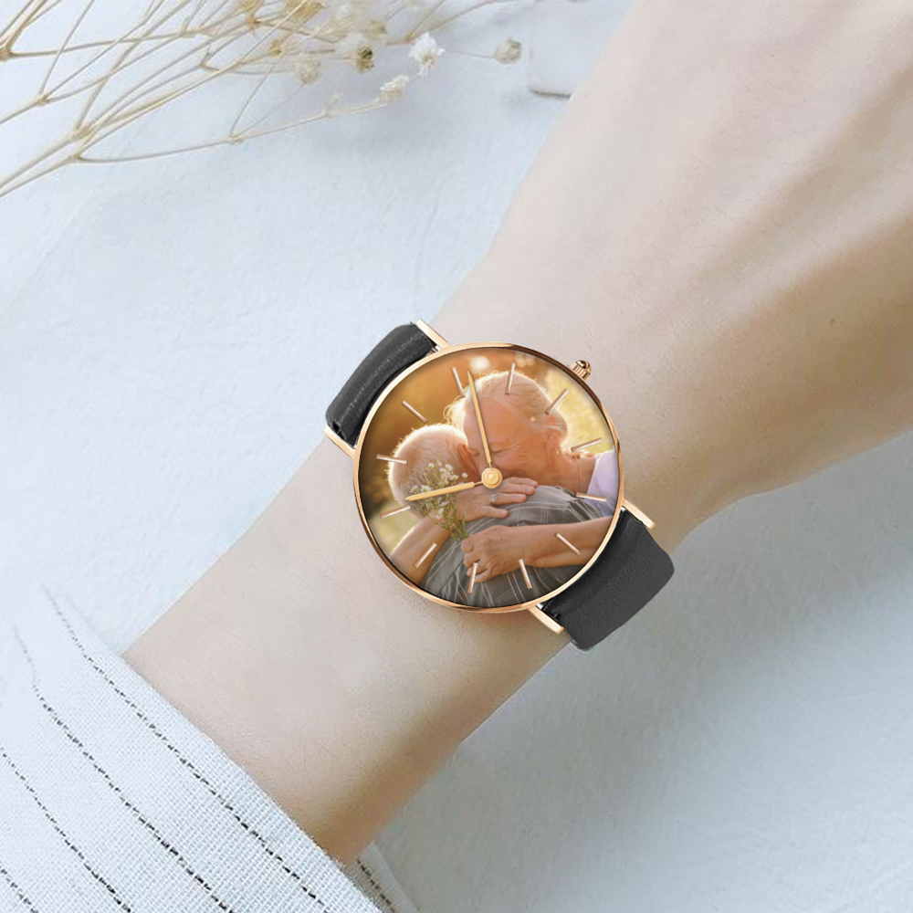 Customizable Picture Watch for Women - Golden & Silver Pointers Leather Quartz Wristwatch - Perfect Gift for Birthday, Anniversary & Special Occasions