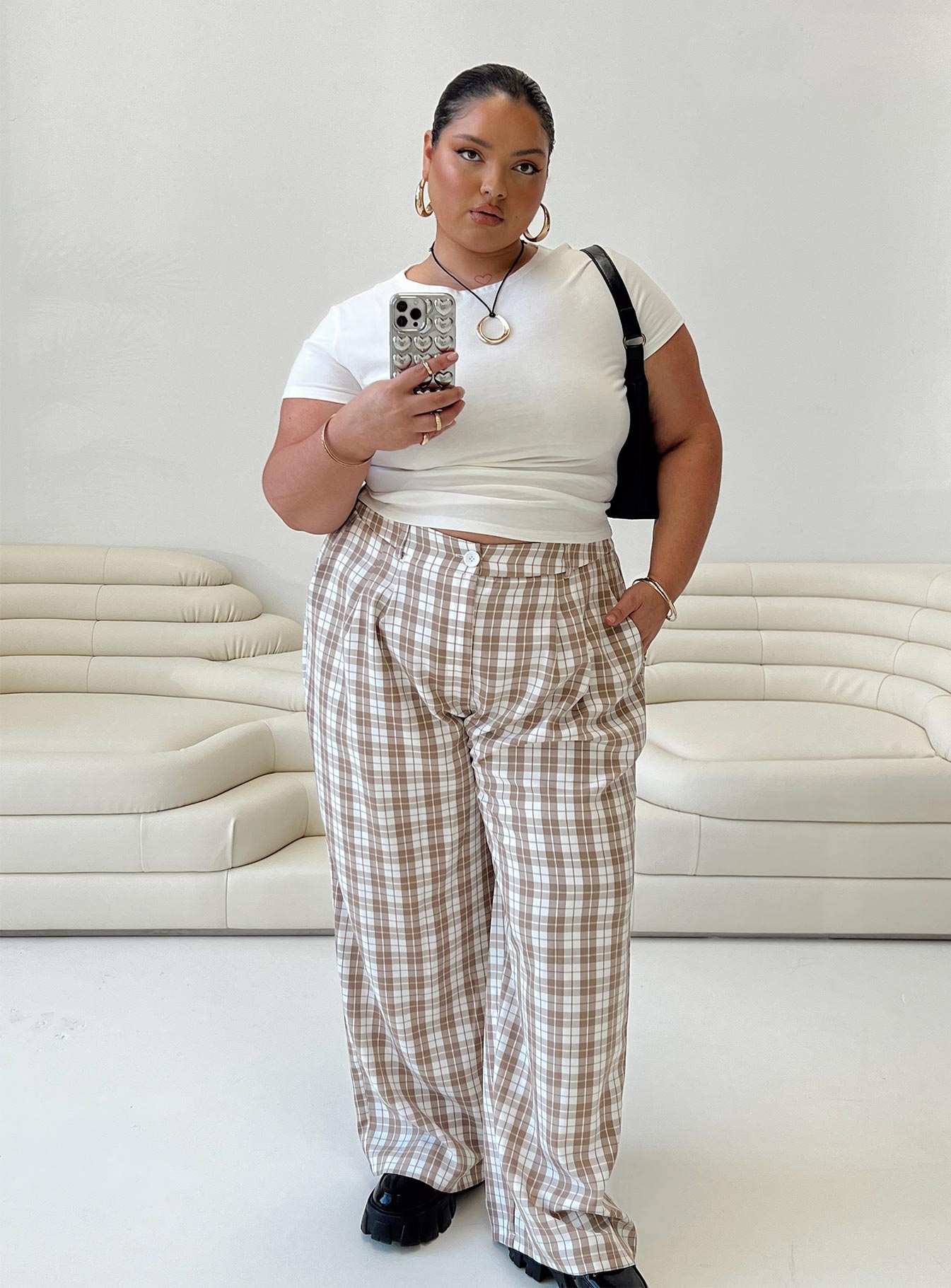 Archer Pants for Women - Beige Plaid High Waisted Trousers with Curvy Fit | Casual Office Pants, Fall Fashion Staple for Work & Weekend Outfits